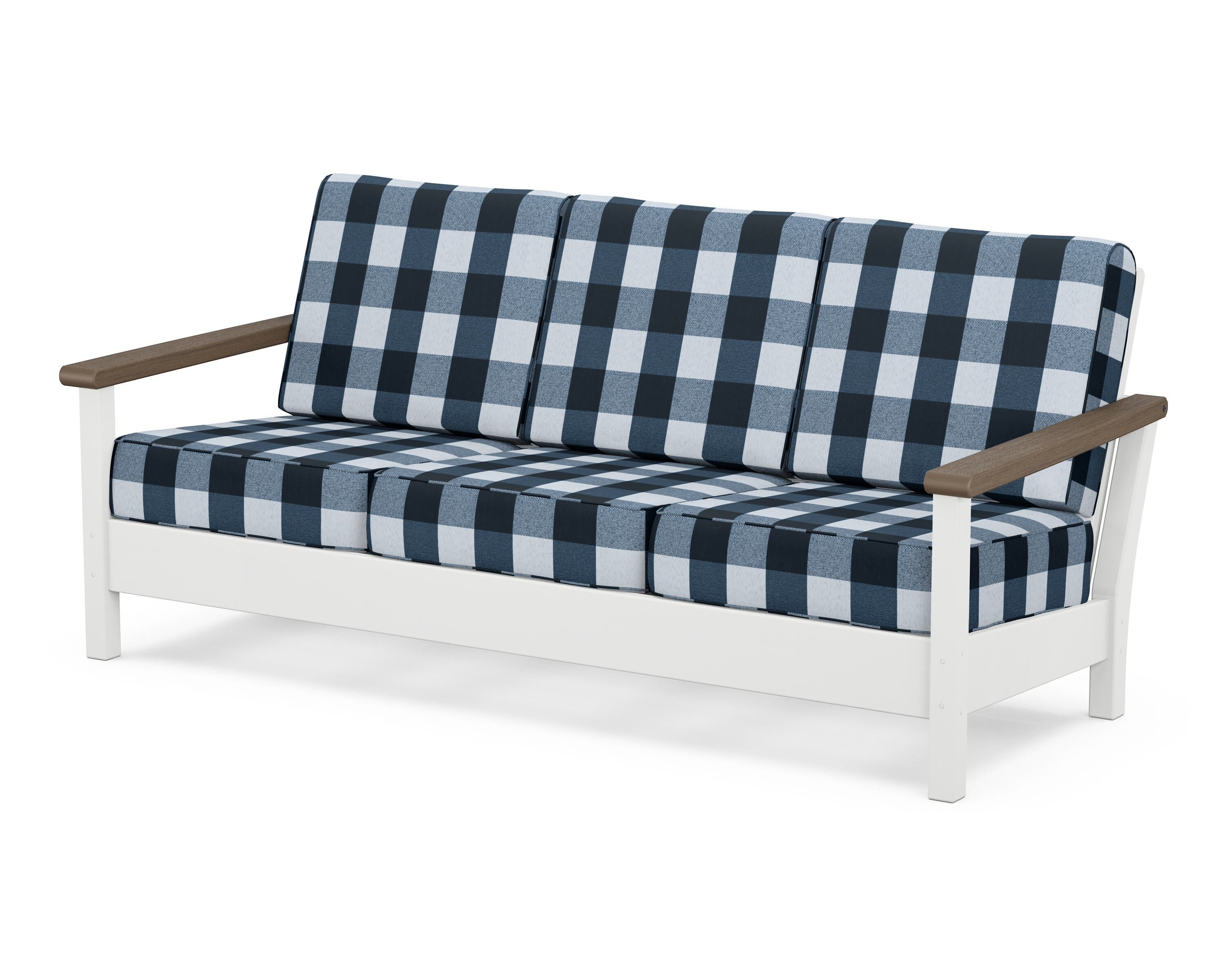 POLYWOOD® Harbour Deep Seating Sofa in White / Kona / Buffalo Plaid Marine Indigo