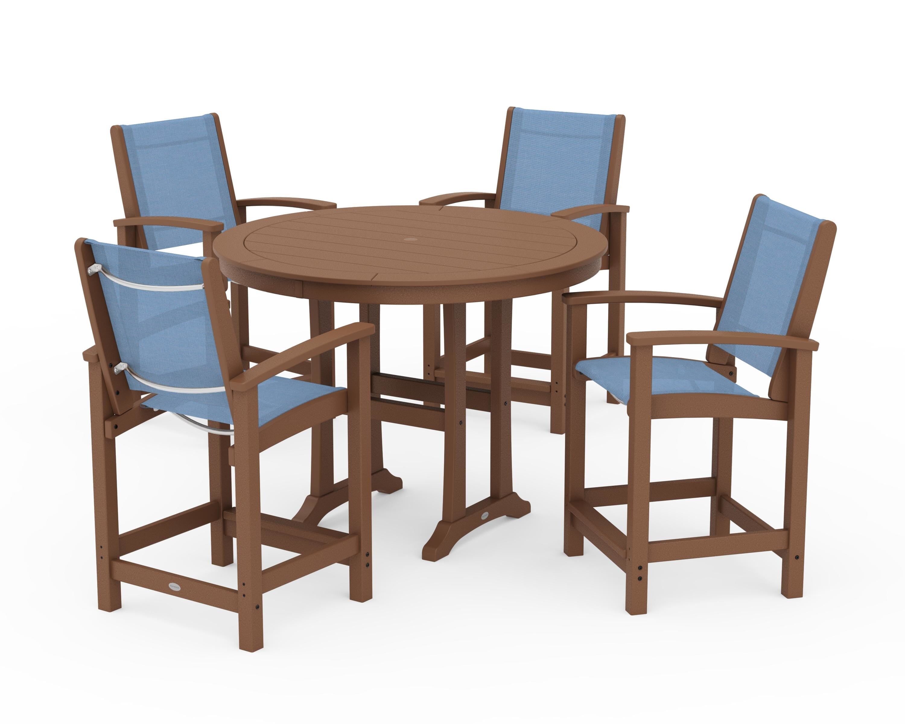 POLYWOOD® Coastal 5-Piece Counter Set in Teak / Poolside Sling