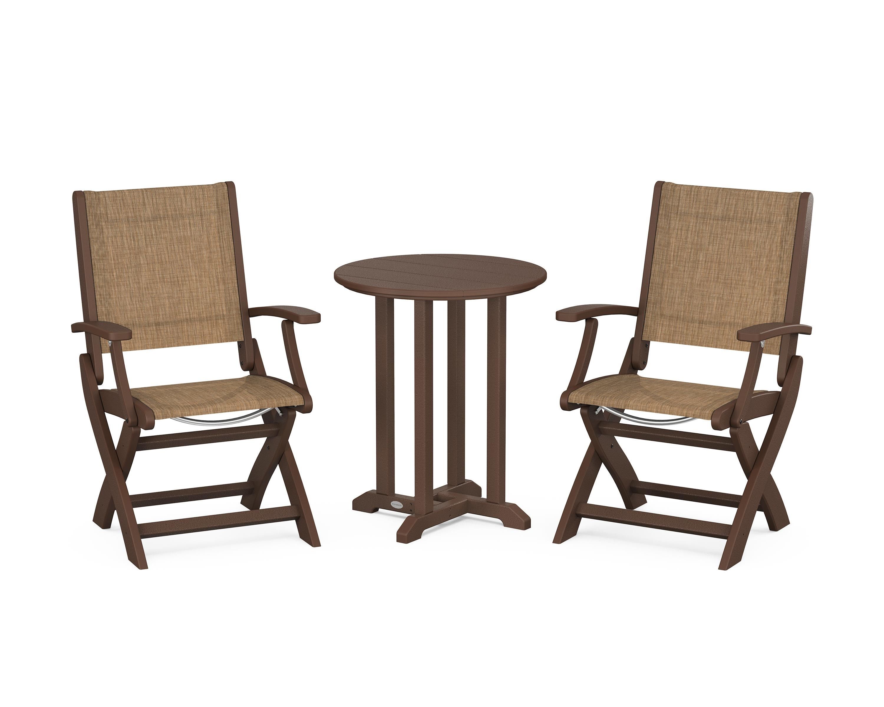 POLYWOOD® Coastal Folding 3-Piece Round Bistro Dining Set in Mahogany / Burlap Sling