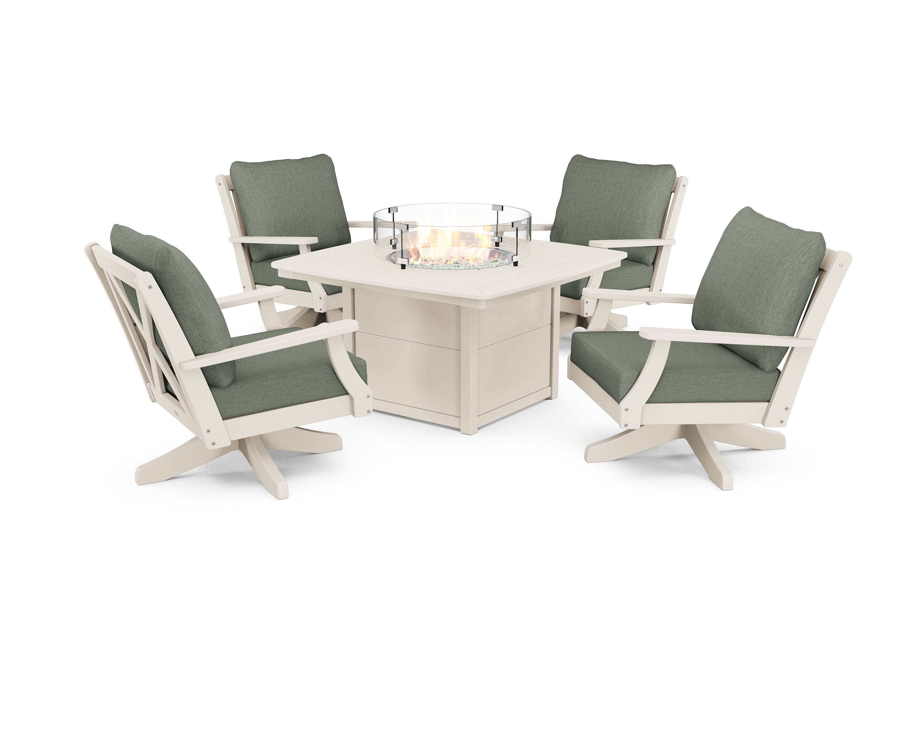 POLYWOOD® Braxton 5-Piece Deep Seating Swivel Conversation Set with Fire Pit Table in Sand / Cast Sage
