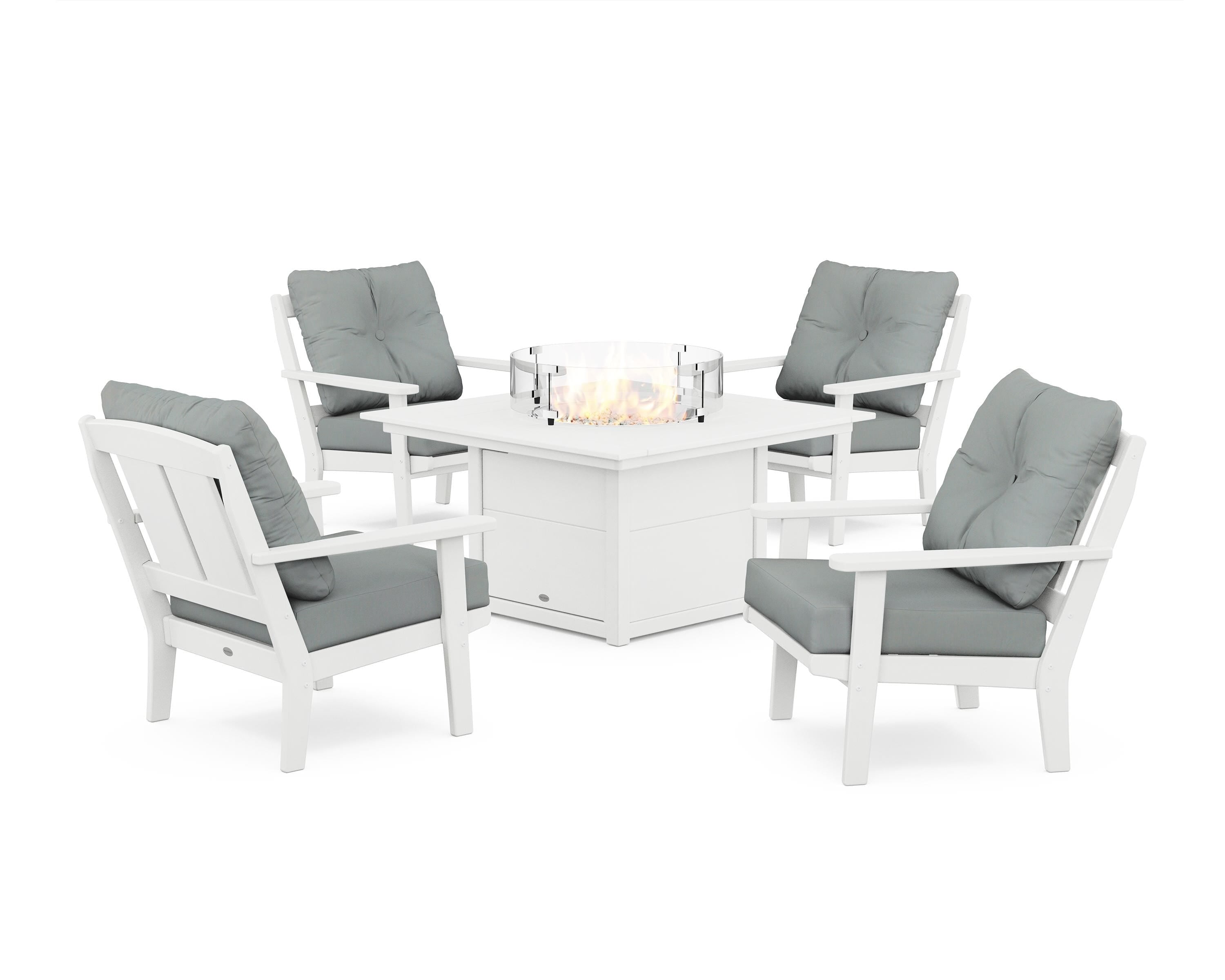 POLYWOOD® Mission 5-Piece Deep Seating Set with Fire Pit Table in White / Spa