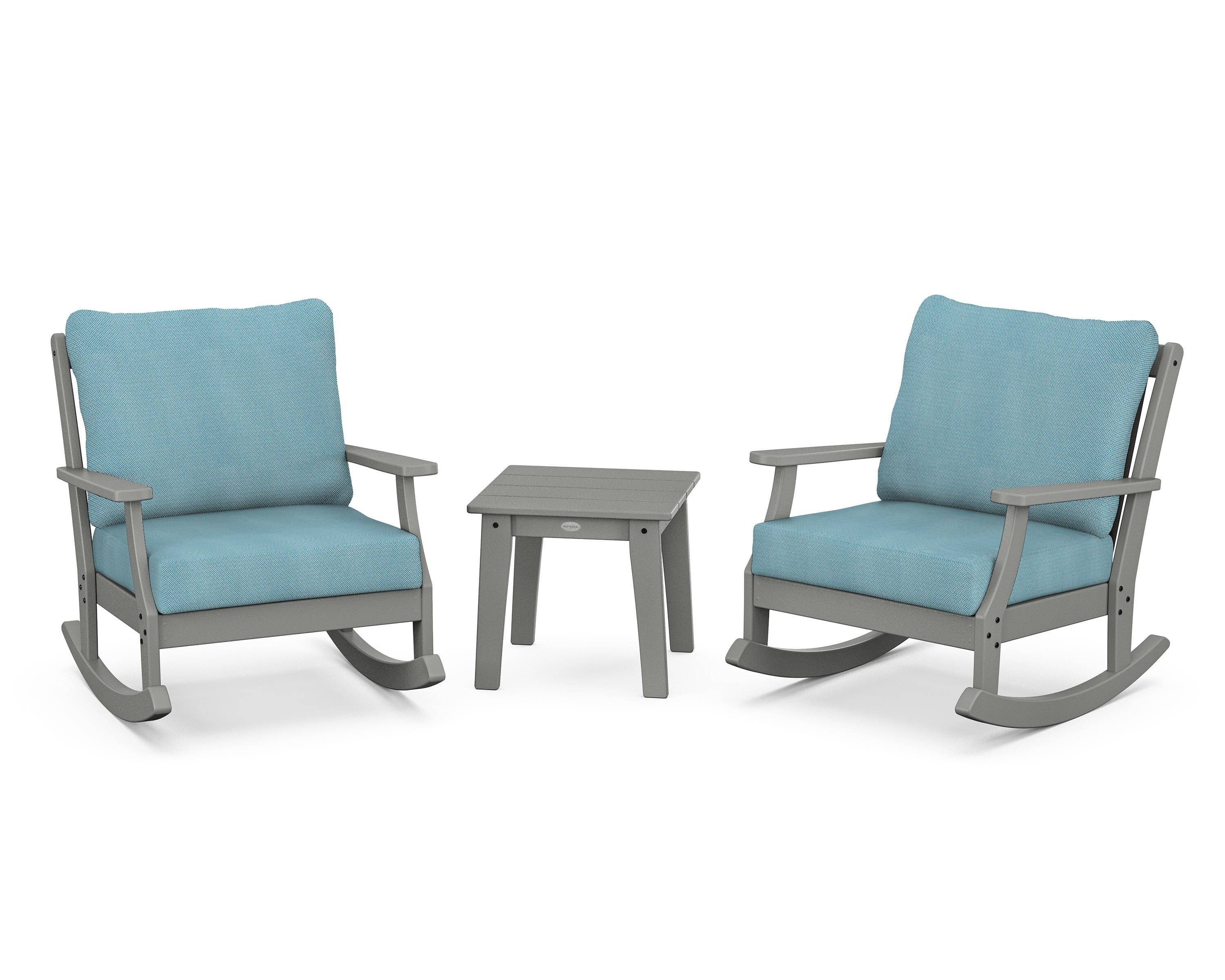 POLYWOOD® Braxton 3-Piece Deep Seating Rocker Set in Slate Grey / Lattice Sky Blue