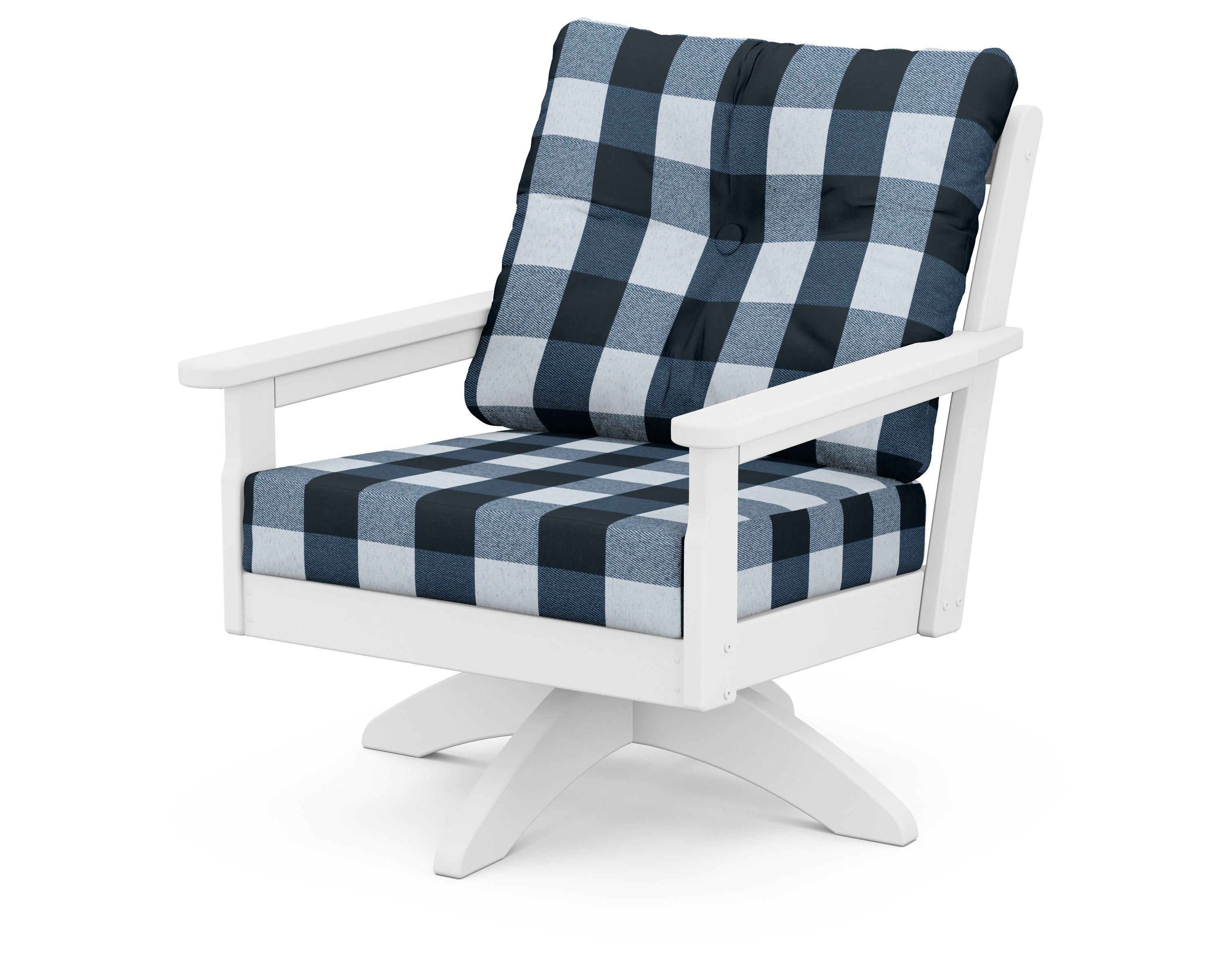 POLYWOOD® Vineyard Deep Seating Swivel Chair in White / Buffalo Plaid Marine Indigo