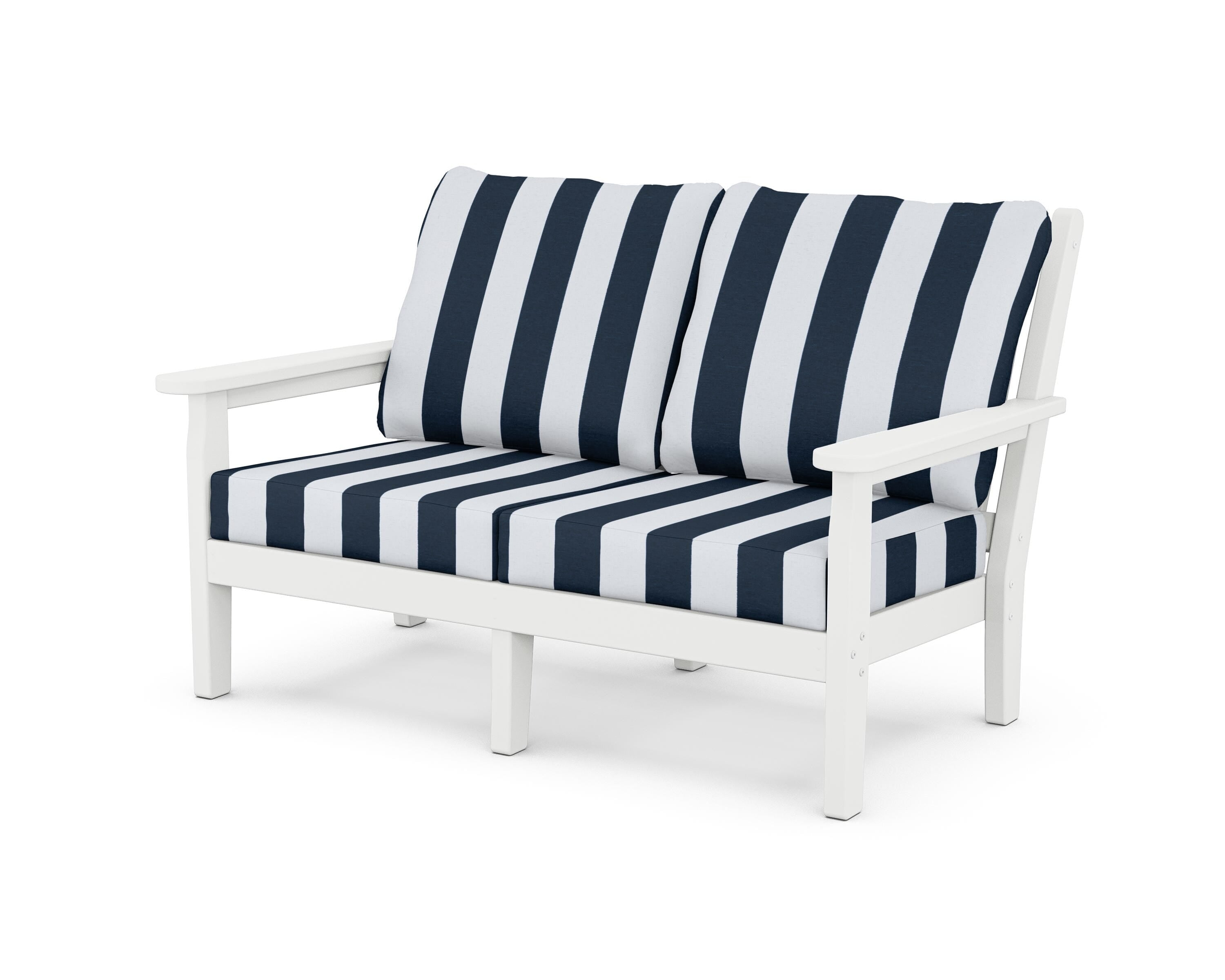 POLYWOOD® Chippendale Deep Seating Loveseat in White / Cabana Stripe Marine Indigo