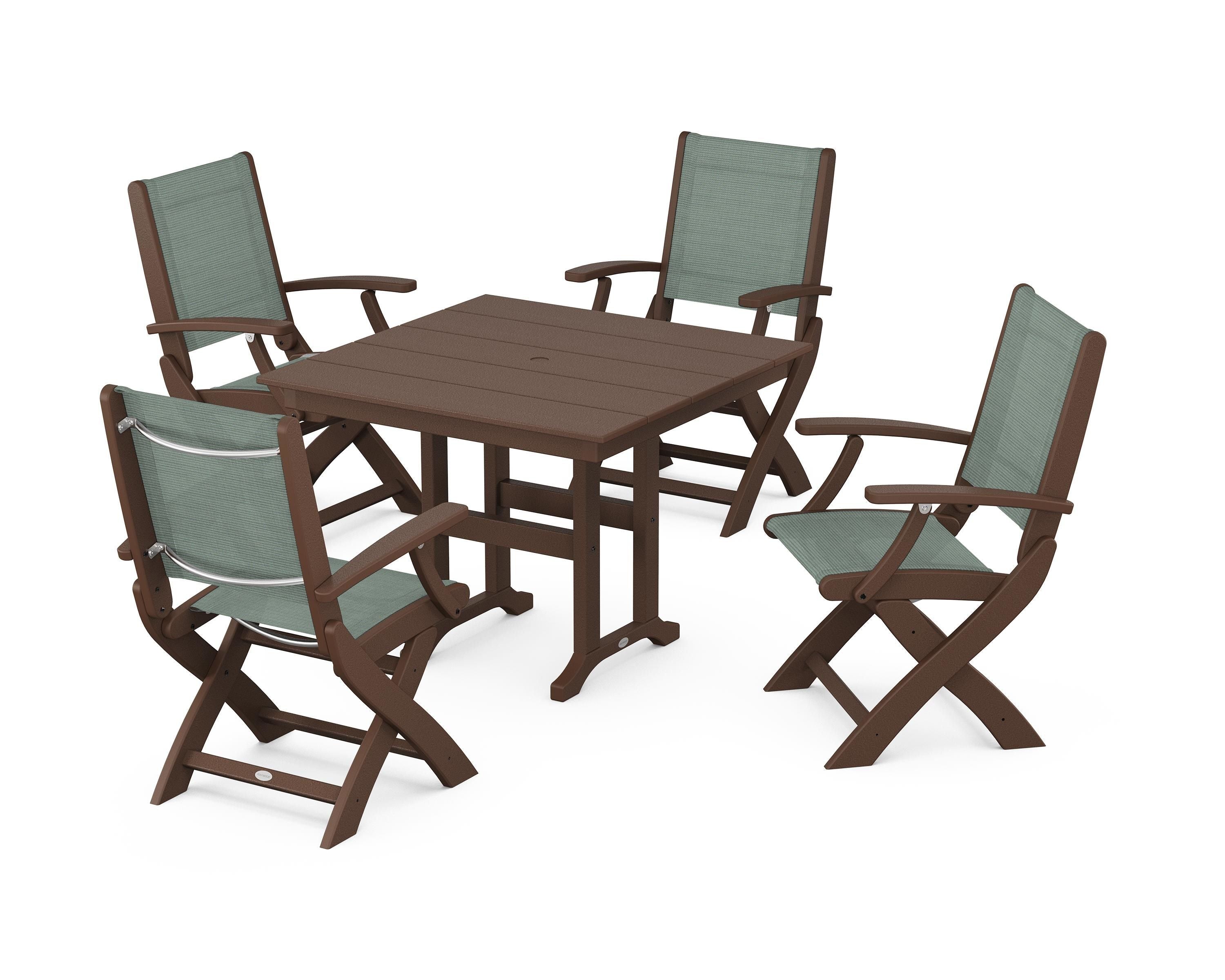 POLYWOOD® Coastal Folding Chair 5-Piece Farmhouse Dining Set in Mahogany / Dupioni Sea Mist Sling