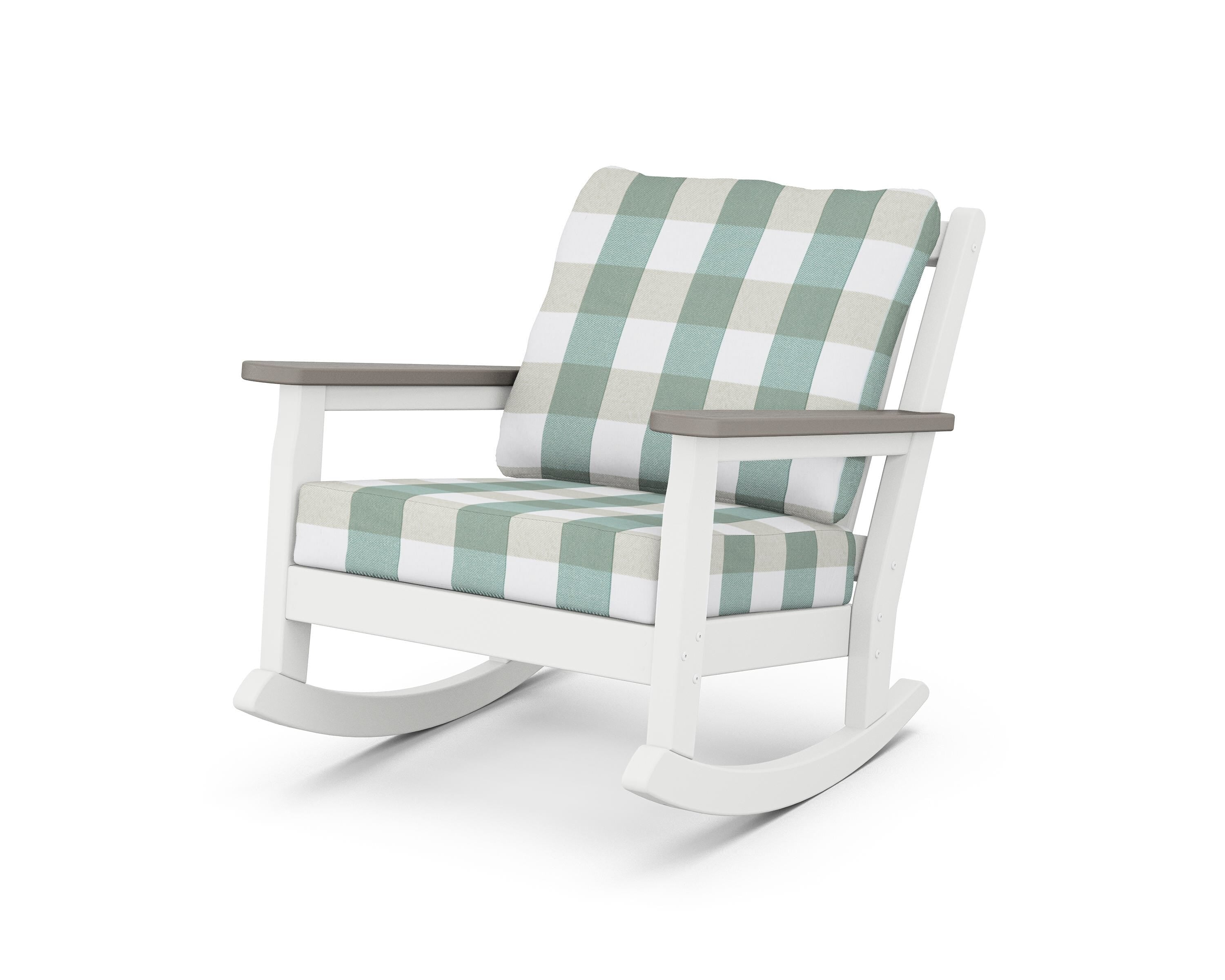 POLYWOOD® Chippendale Deep Seating Rocking Chair in White / Driftwood / Buffalo Plaid Glacier Spa