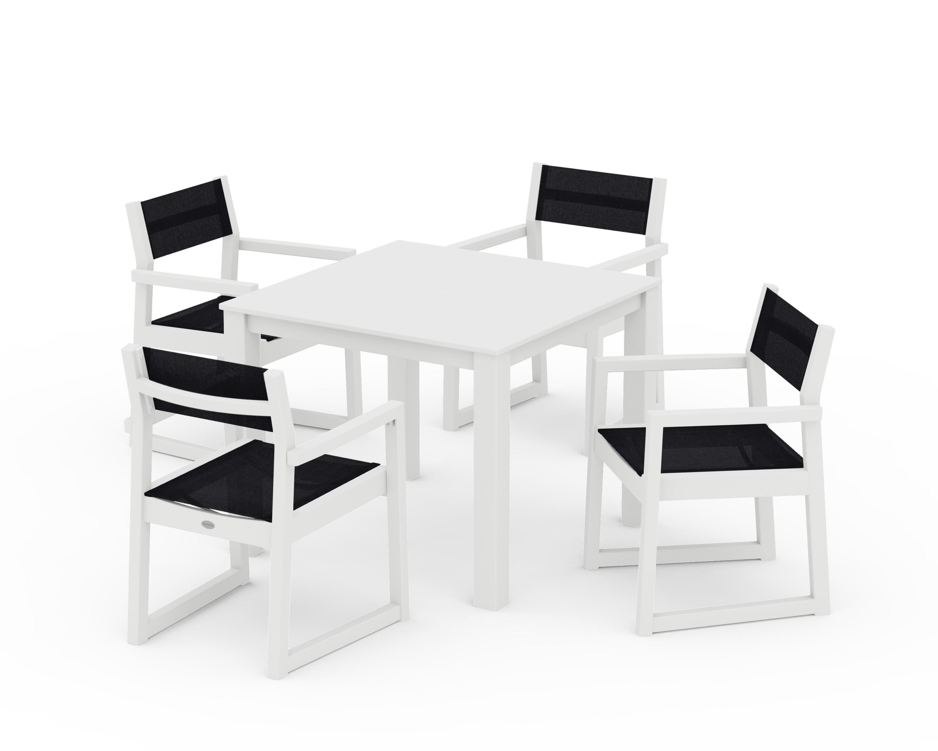 POLYWOOD® EDGE Sling Arm Chair 5-Piece Parsons Dining Set in White / Black Sling