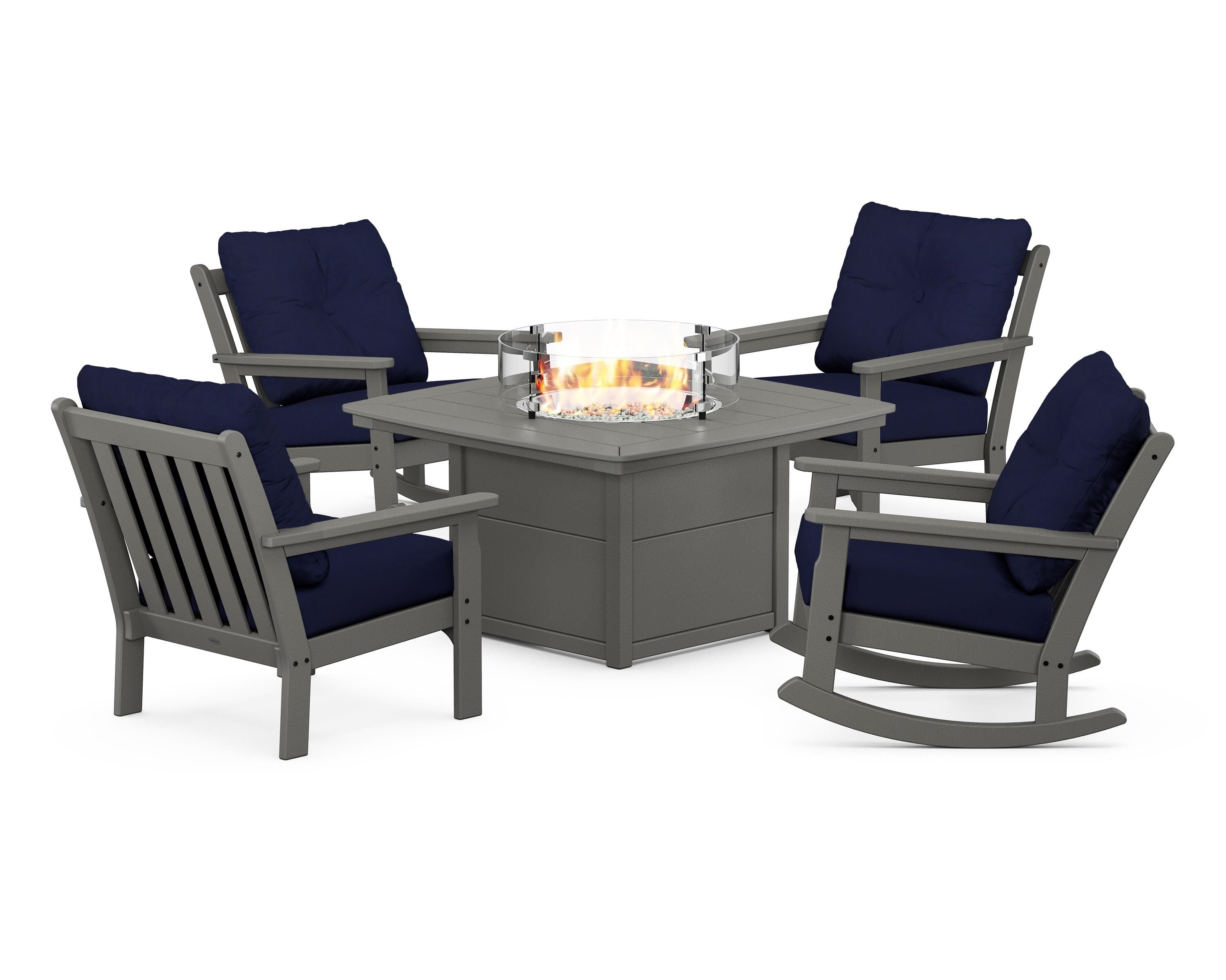 POLYWOOD® Vineyard 5-Piece Deep Seating Rocking Chair Conversation Set with Fire Pit Table in Slate Grey / Navy