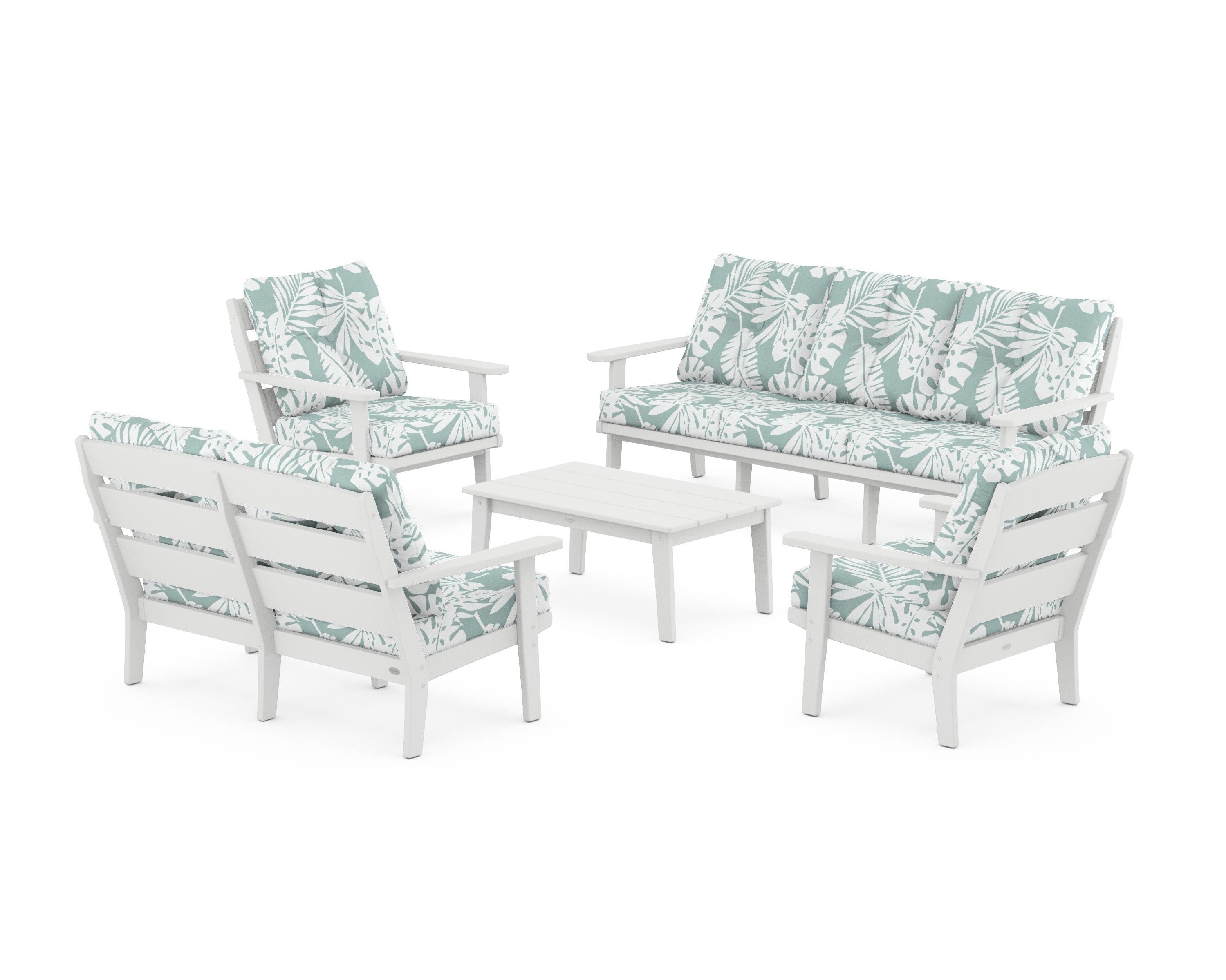 POLYWOOD® Lakeside 5-Piece Lounge Sofa Set in White / Leaf Glacier Spa