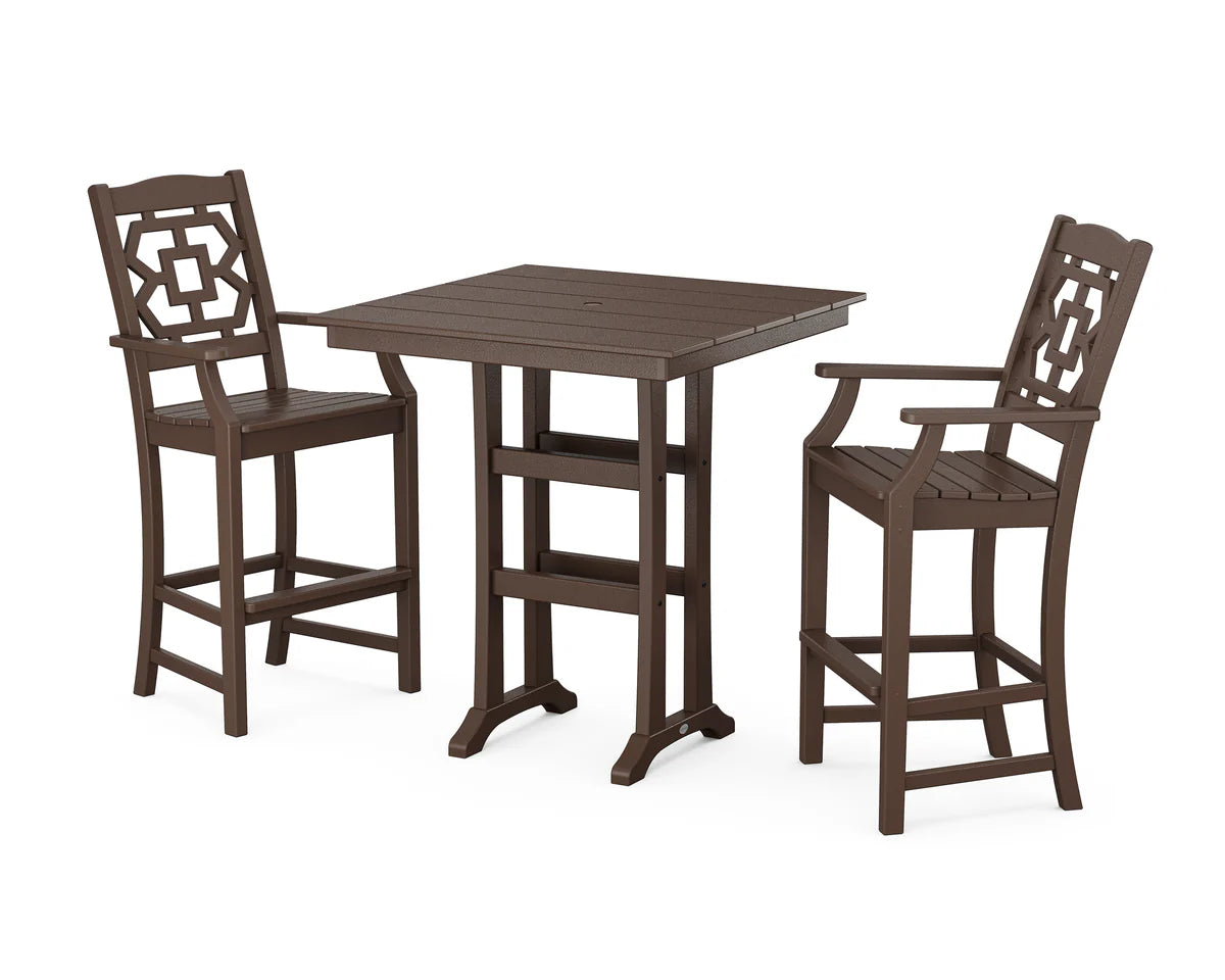 Chinoiserie 3-Piece Farmhouse Bar Set with Trestle Legs