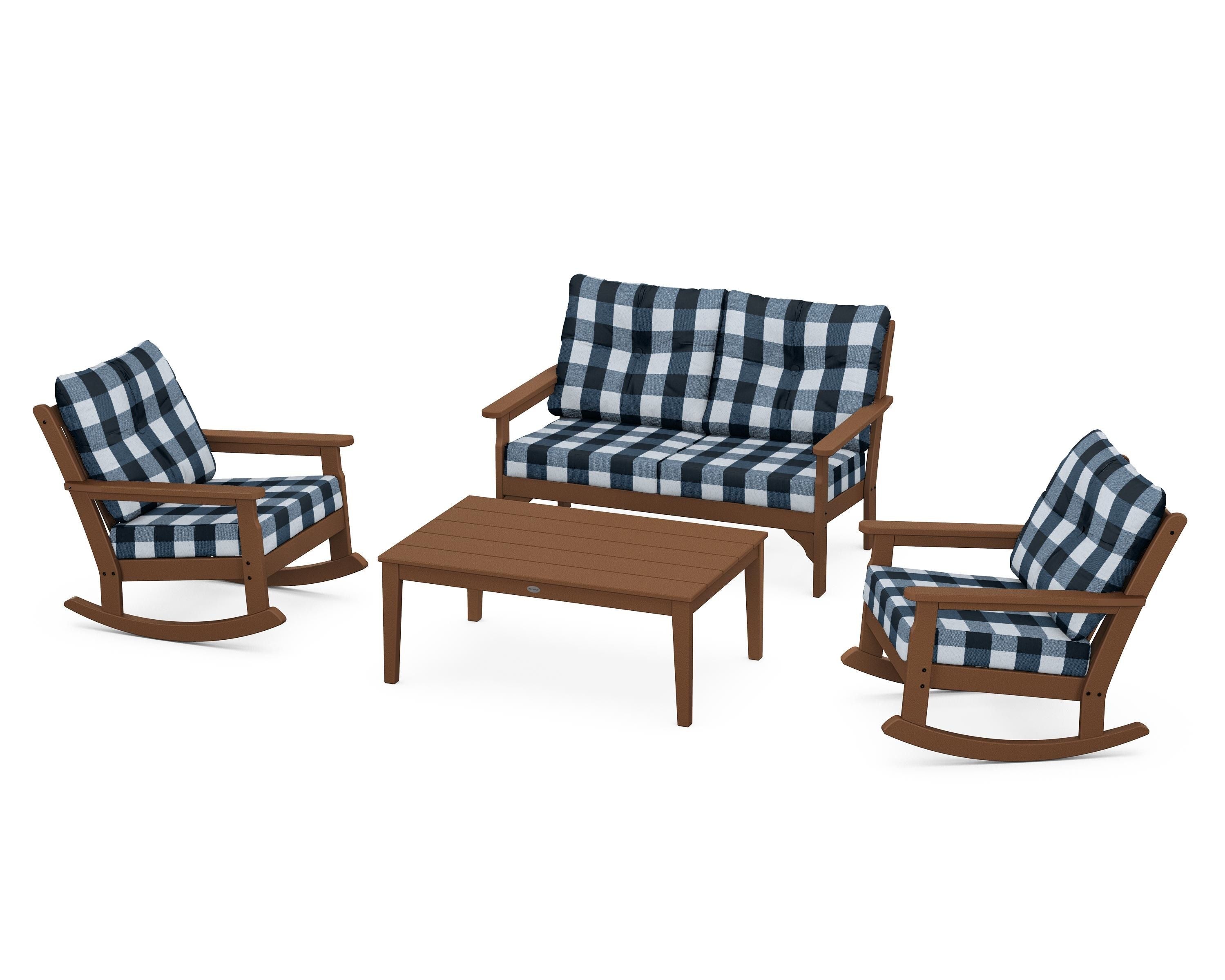 POLYWOOD® Vineyard 4-Piece Deep Seating Rocking Chair Set in Teak / Buffalo Plaid Marine Indigo