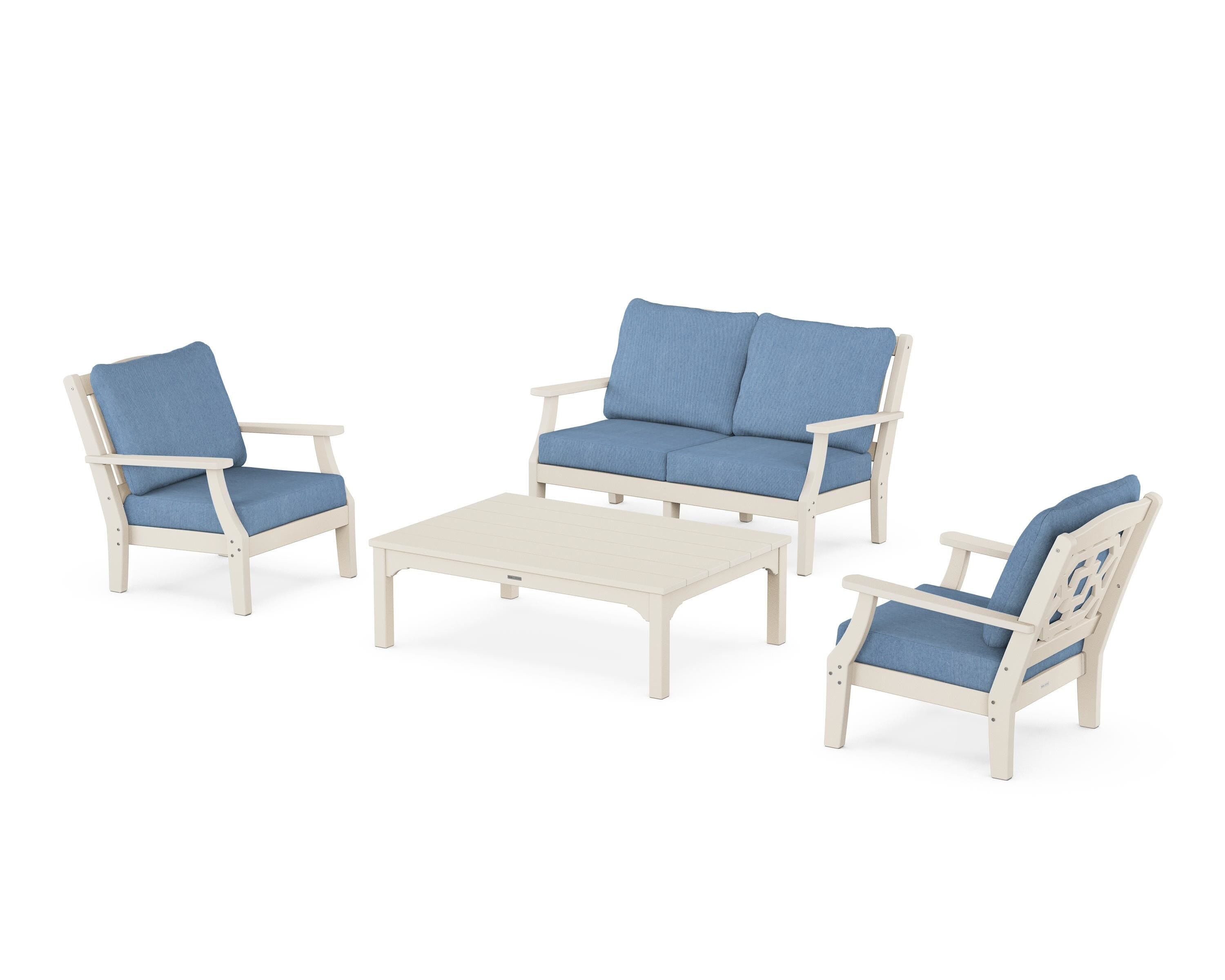 Martha Stewart by POLYWOOD® Chinoiserie 4-Piece Deep Seating Set with Loveseat in Sand / Sky Blue