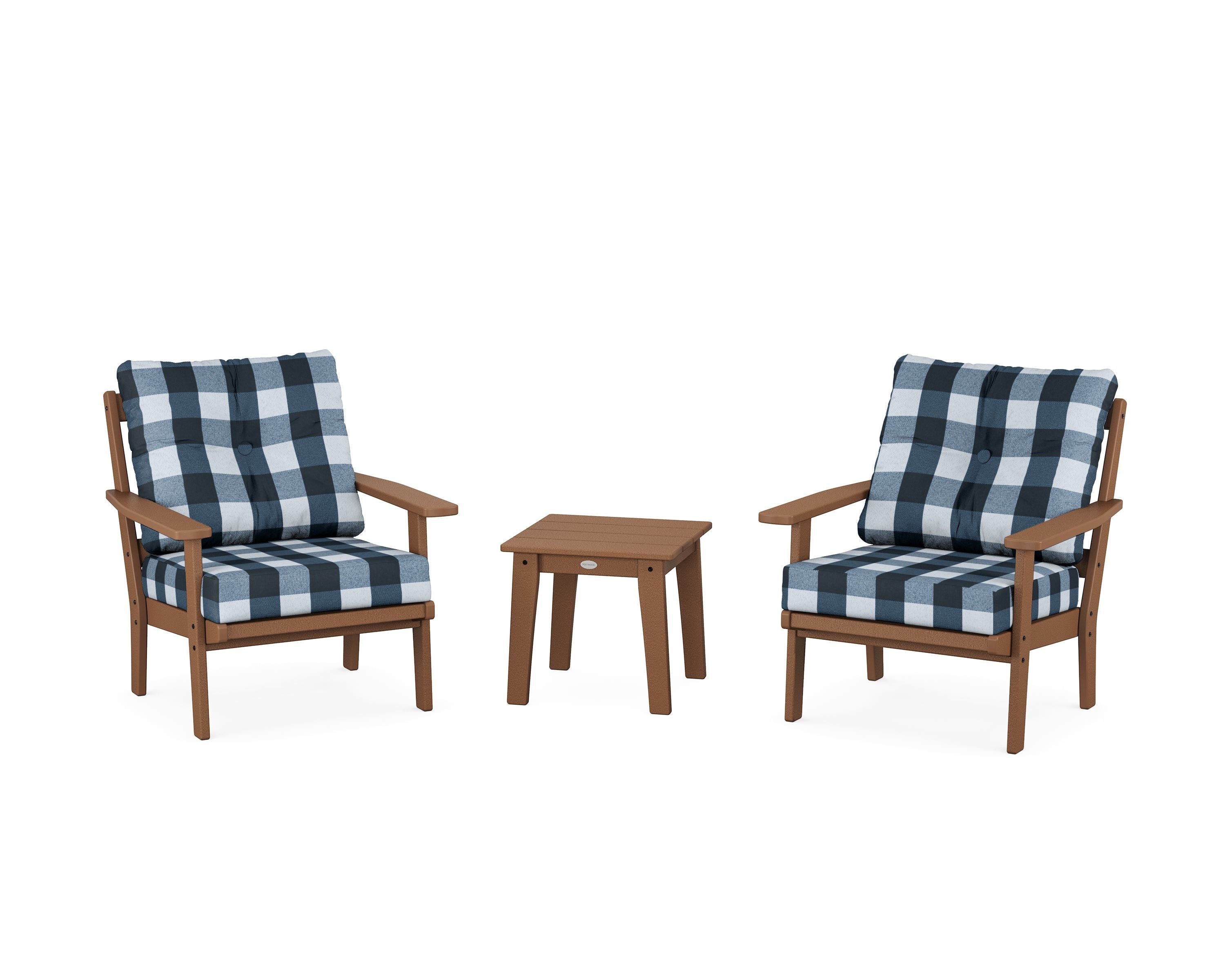 POLYWOOD® Oxford 3-Piece Deep Seating Set in Teak / Buffalo Plaid Marine Indigo