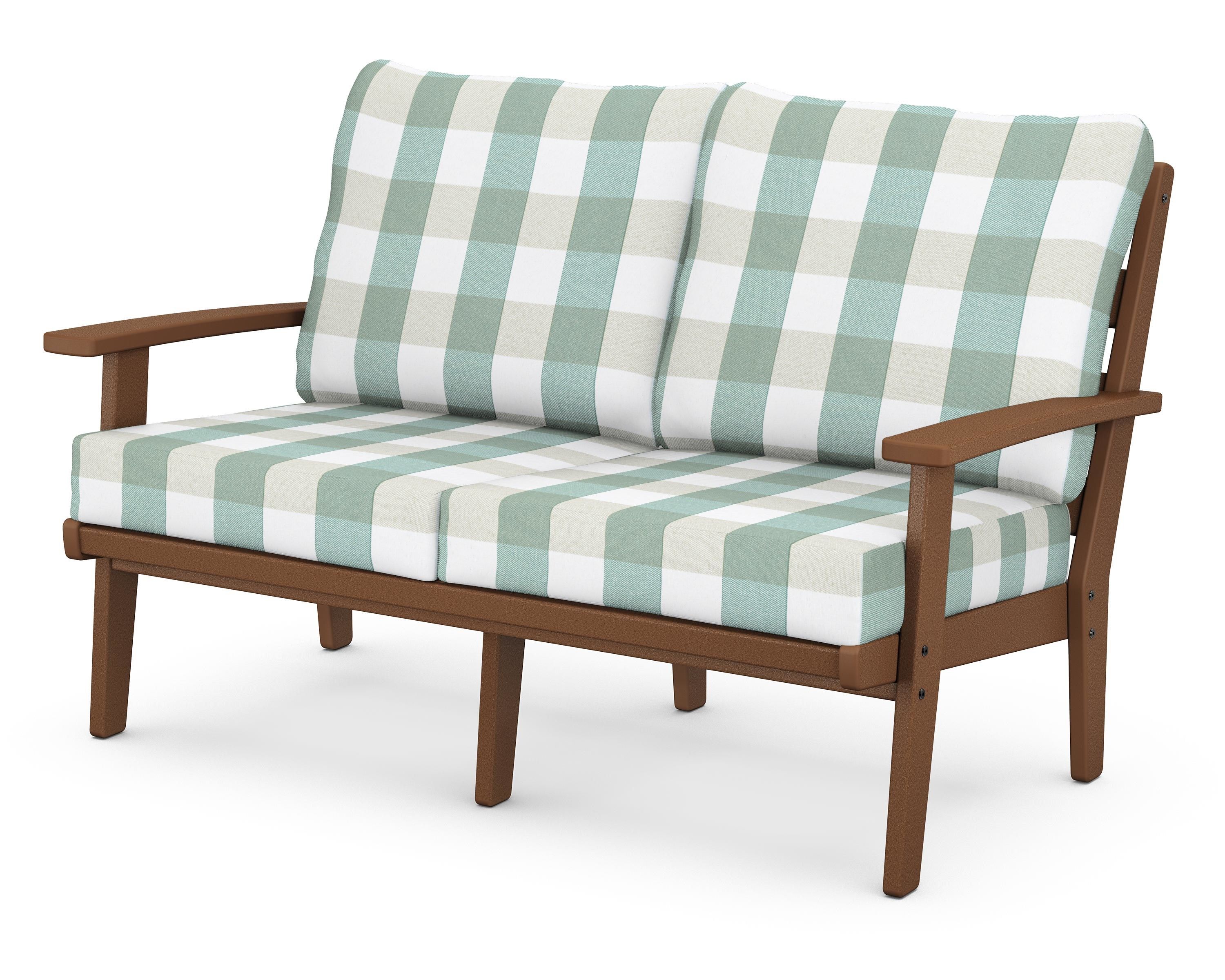 POLYWOOD® Grant Park Deep Seating Loveseat in Teak / Buffalo Plaid Glacier Spa
