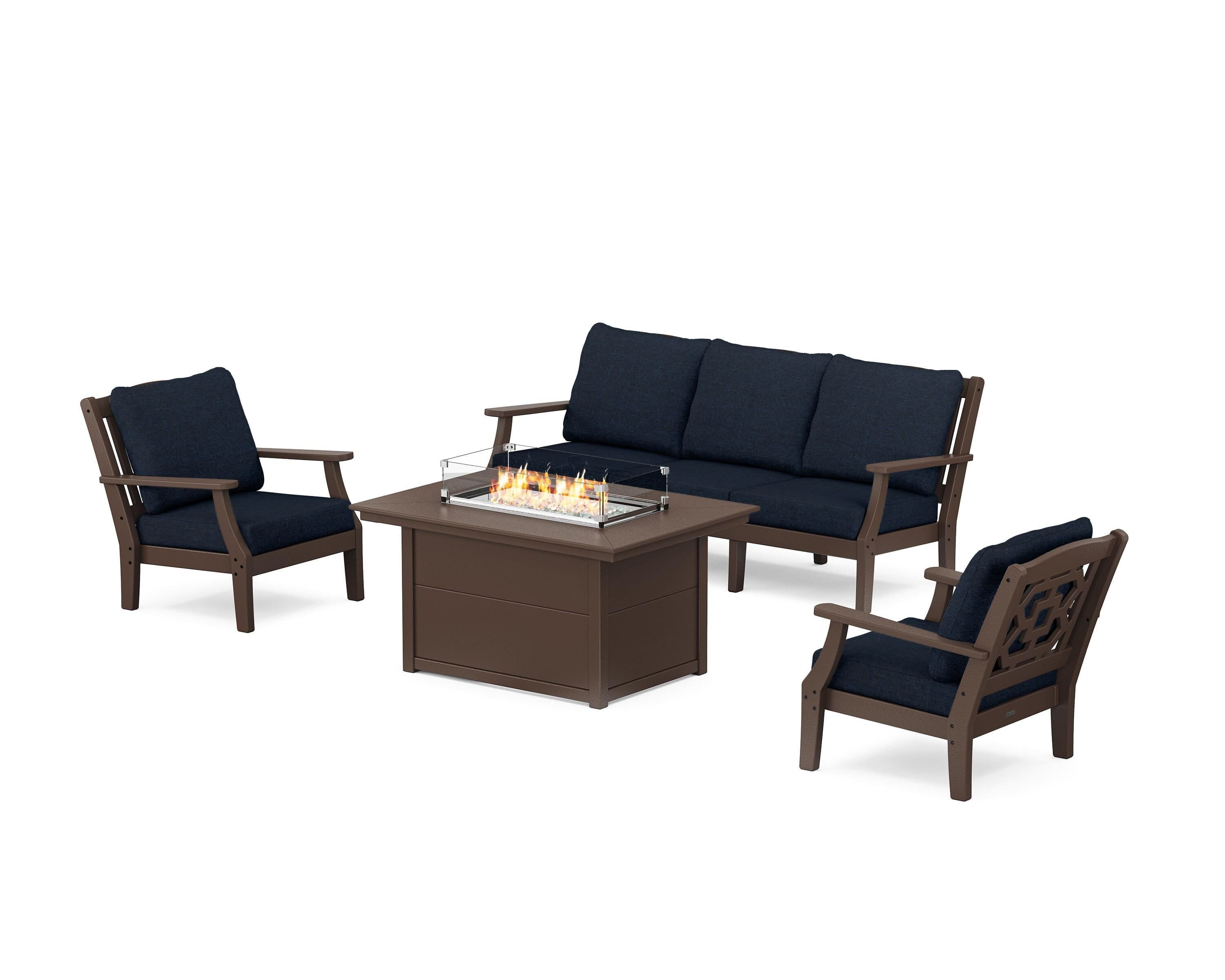 Martha Stewart by POLYWOOD® Chinoiserie Deep Seating Fire Pit Table Set in Mahogany / Marine Indigo