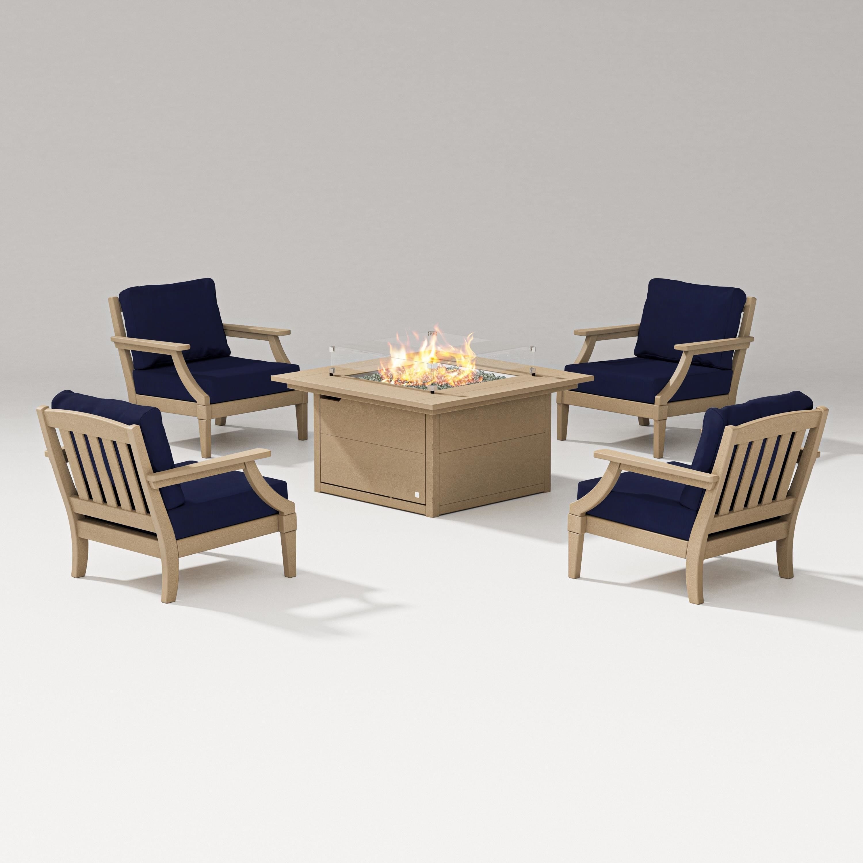 PW Designer Series Estate 5-Piece Lounge Fire Table Set in Vintage Sahara / Navy