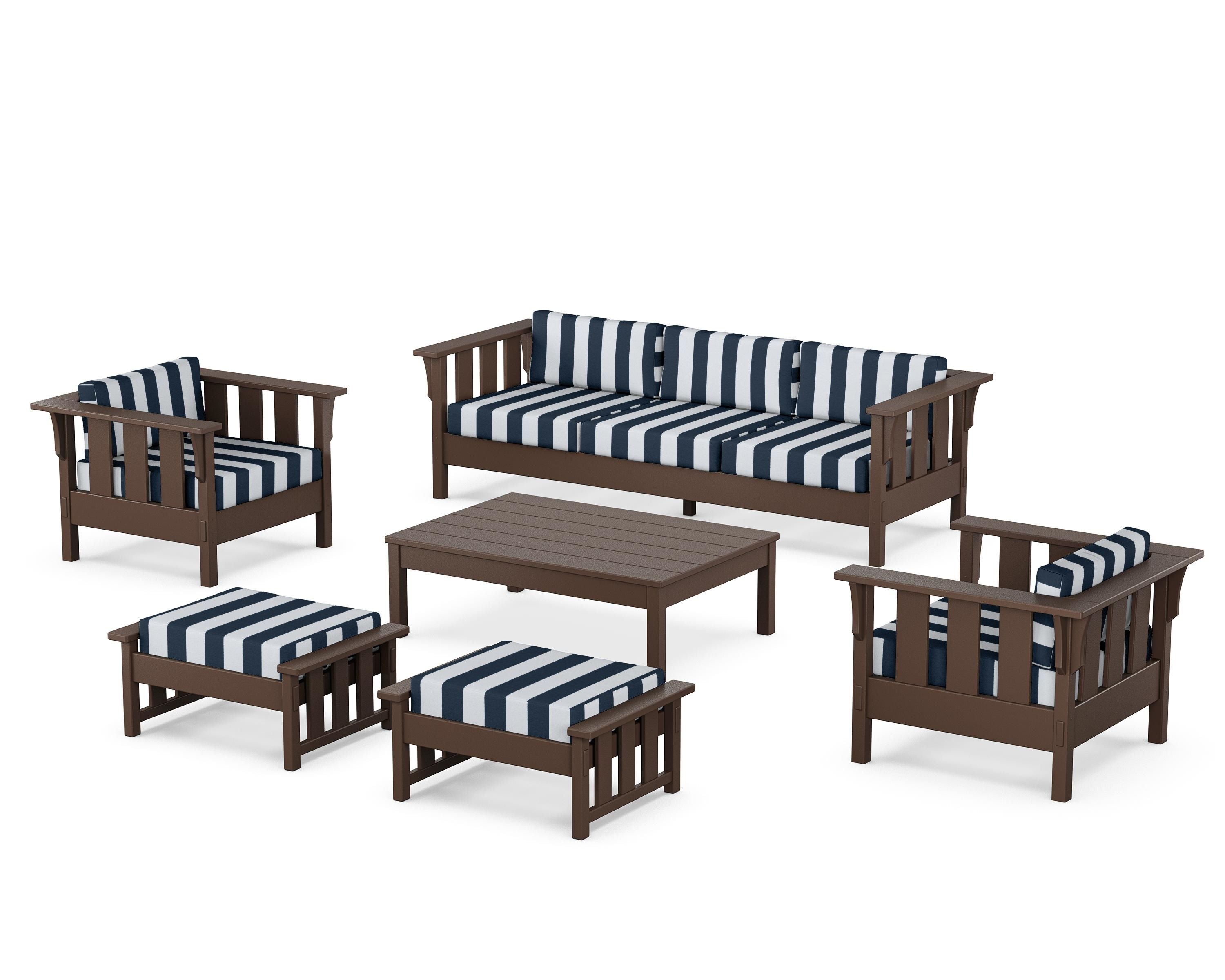 Martha Stewart by POLYWOOD® Acadia 6-Piece Lounge Sofa Set in Mahogany / Cabana Stripe Marine Indigo
