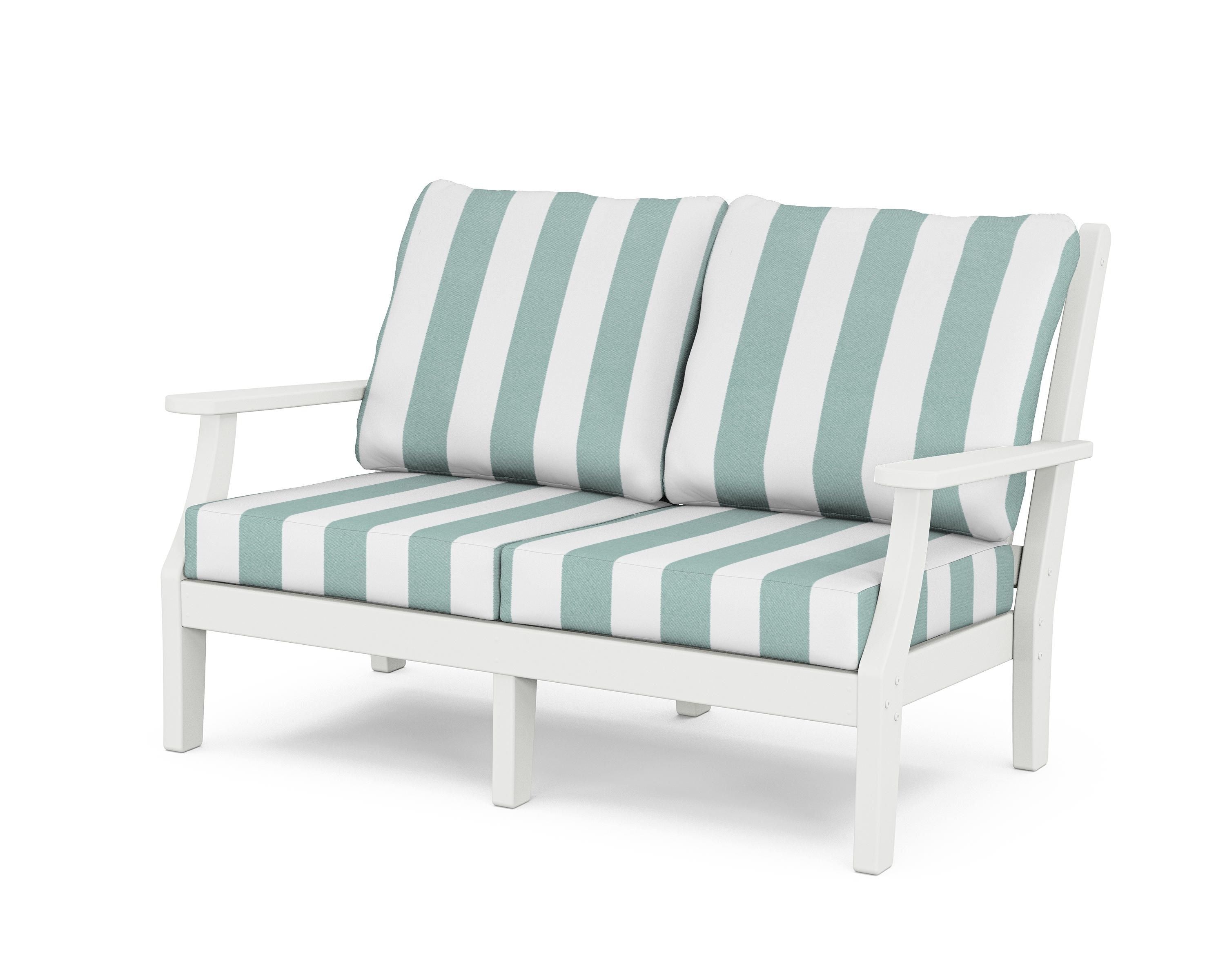 Country Living Wovendale Deep Seating Loveseat in White / Cabana Stripe Glacier Spa
