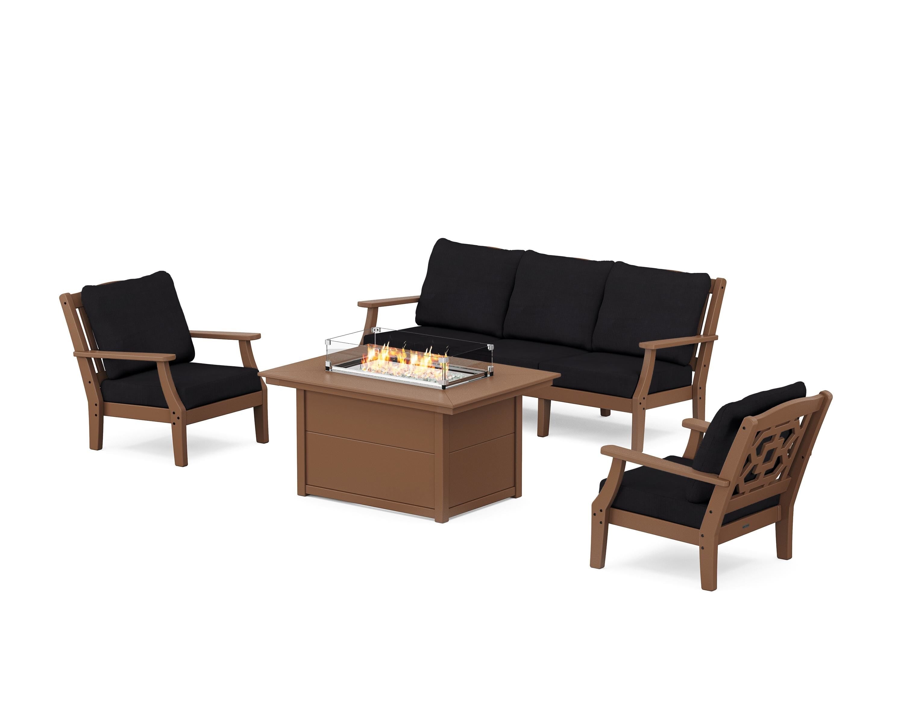 Martha Stewart by POLYWOOD® Chinoiserie Deep Seating Fire Pit Table Set in Teak / Midnight Linen