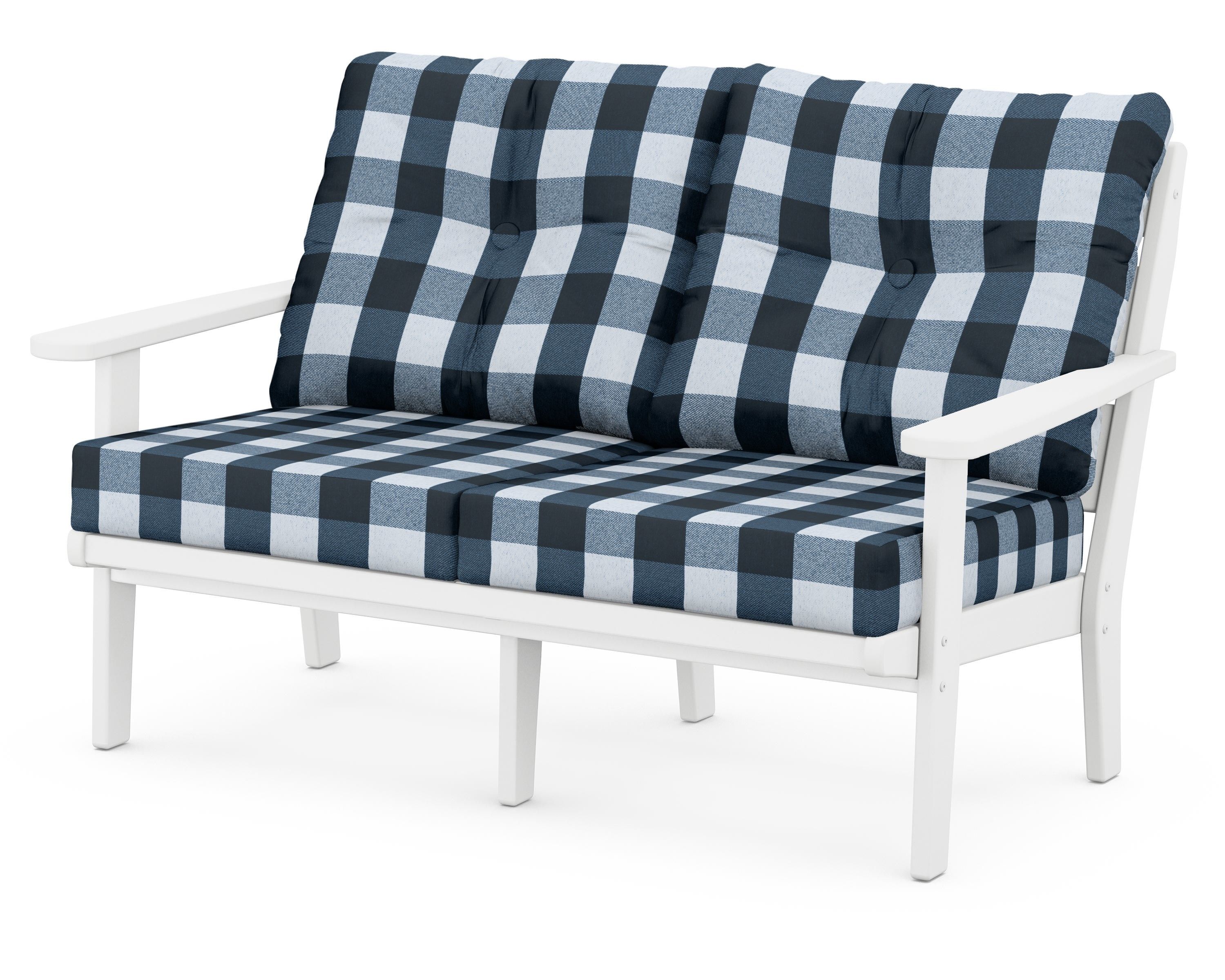POLYWOOD® Lakeside Deep Seating Loveseat in White / Buffalo Plaid Marine Indigo