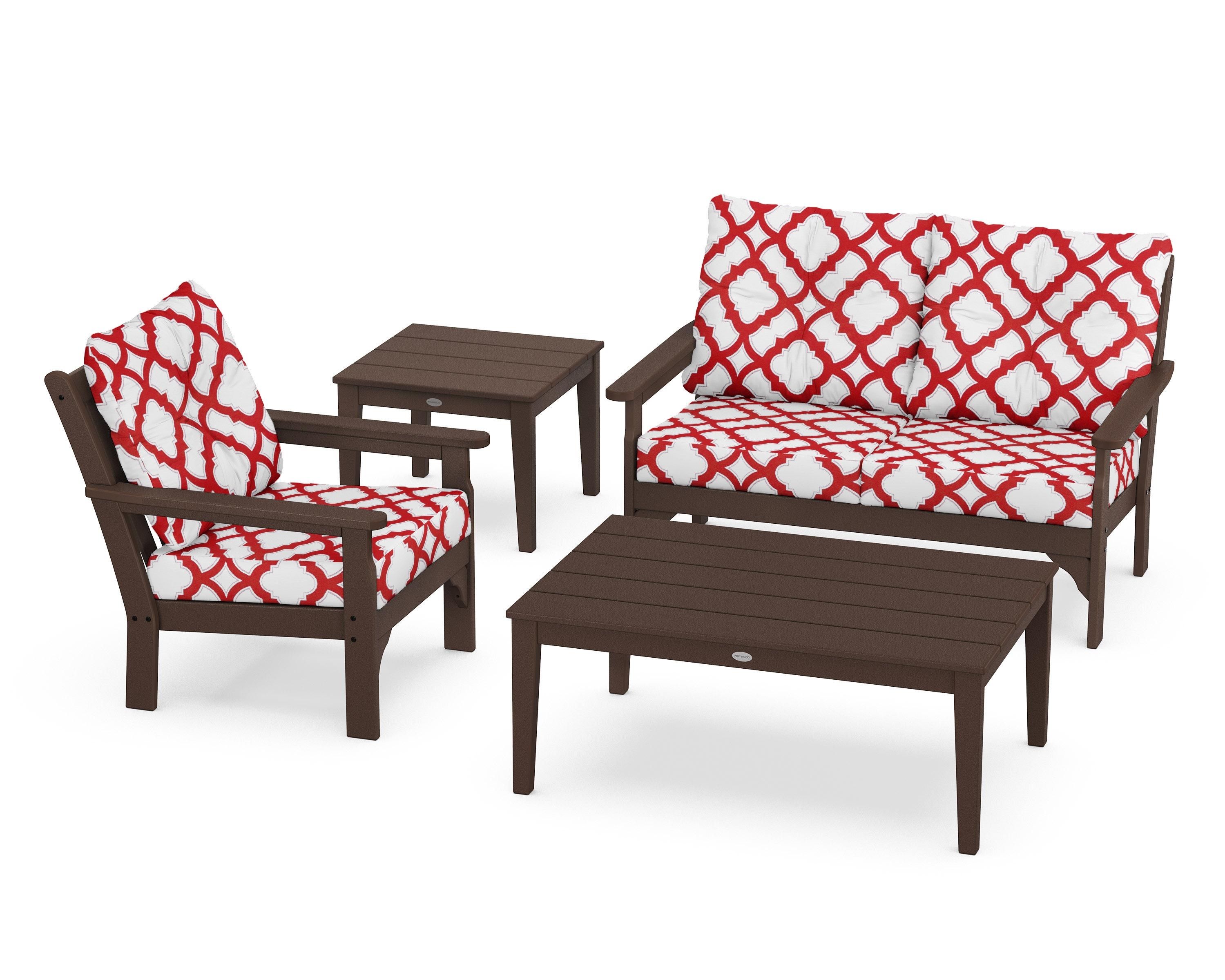 POLYWOOD® Vineyard 4-Piece Deep Seating Set in Mahogany / Trellis Crimson