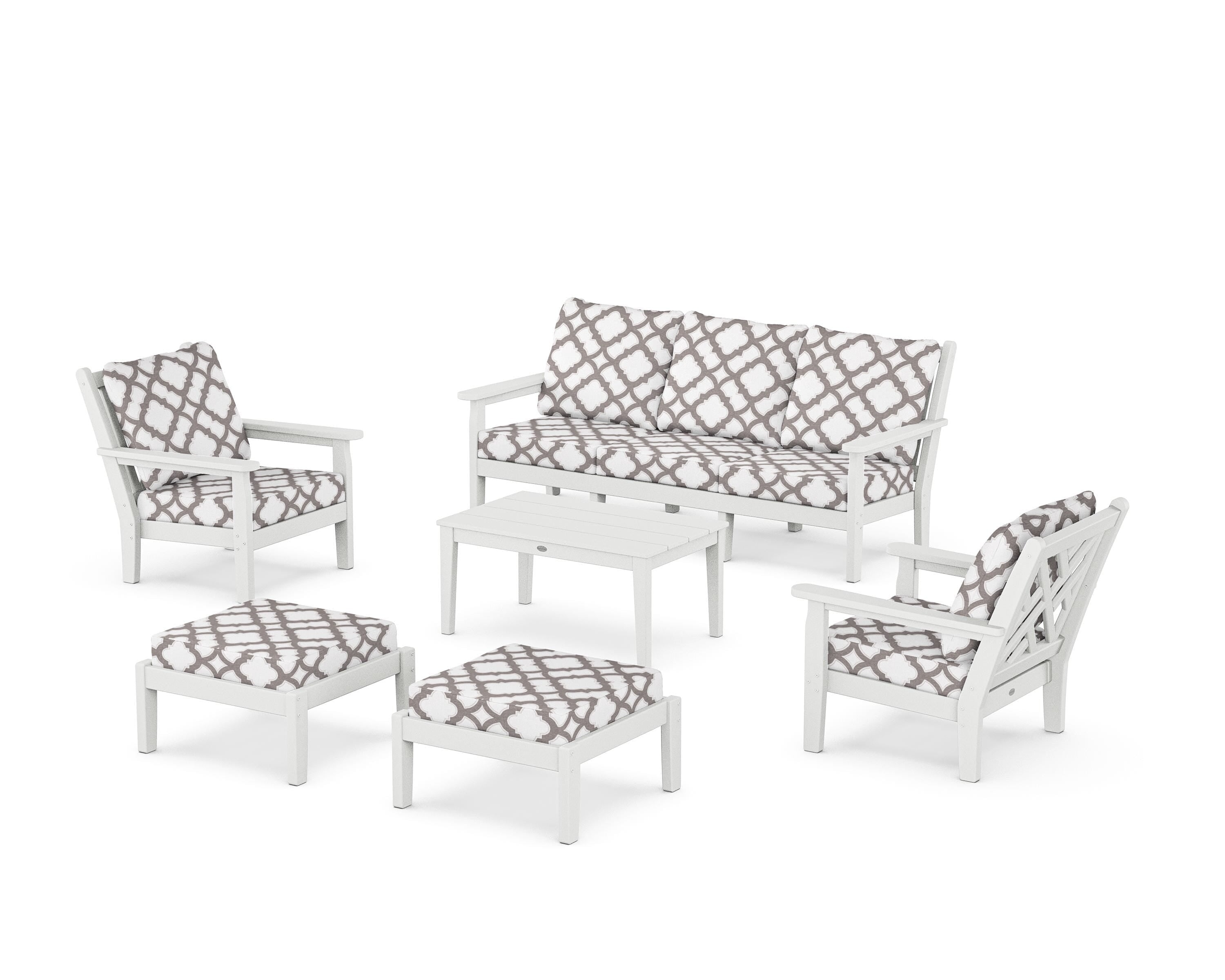 POLYWOOD® Chippendale 6-Piece Lounge Sofa Set in White / Trellis Grey Mist