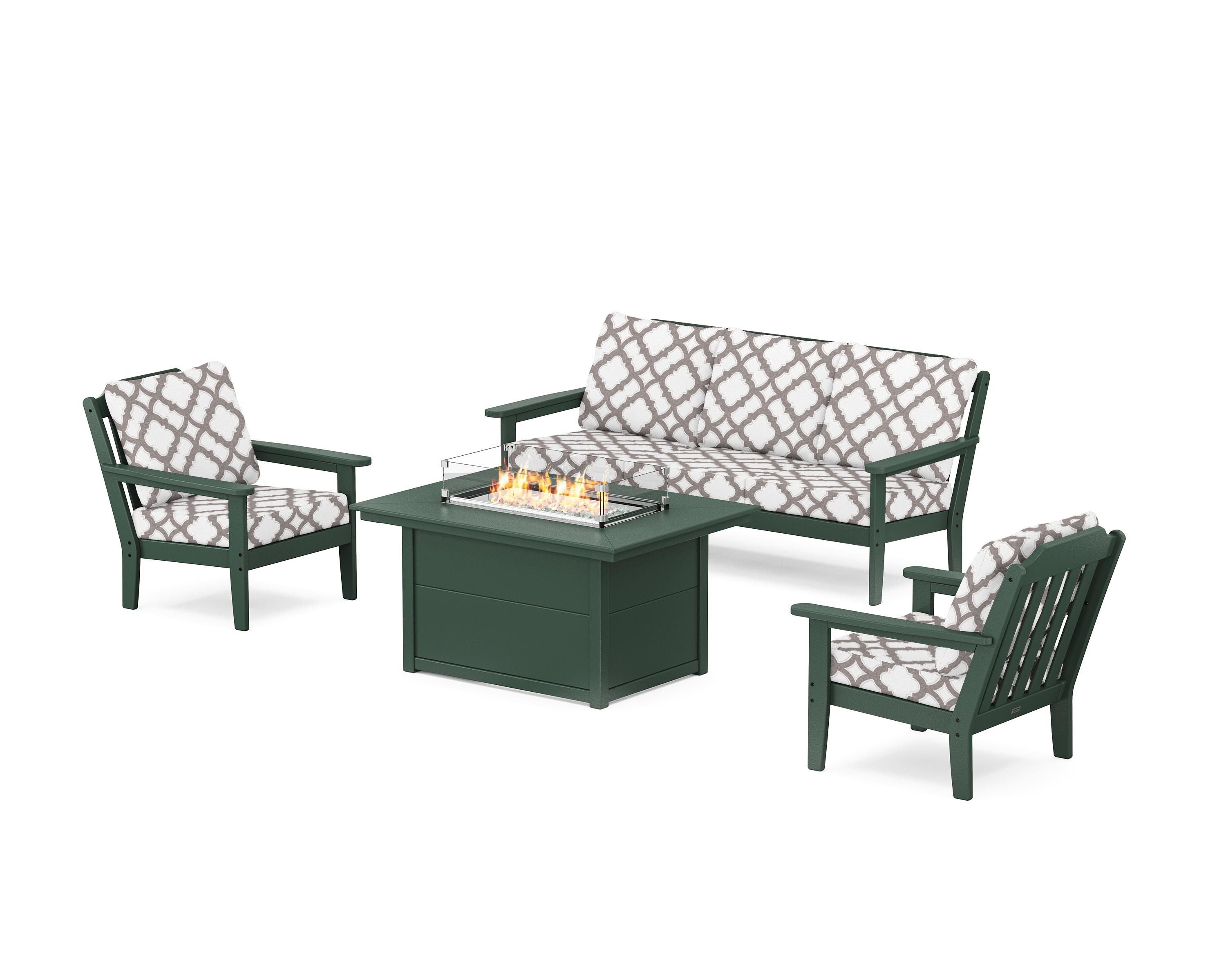 Country Living Cottage Deep Seating Fire Pit Table Set in Green / Trellis Grey Mist