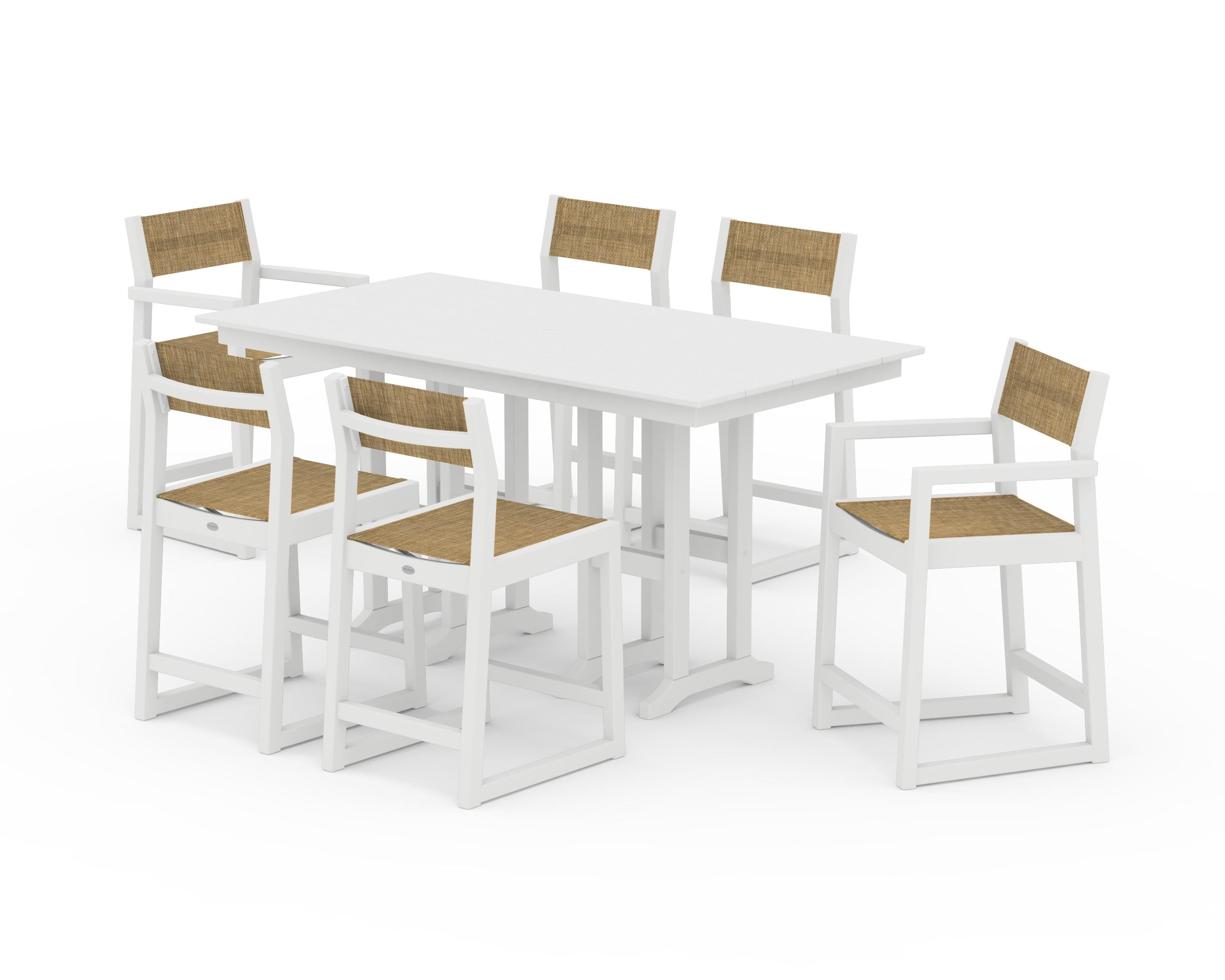 POLYWOOD® EDGE Sling 7-Piece Farmhouse Counter Set in White / Burlap Sling