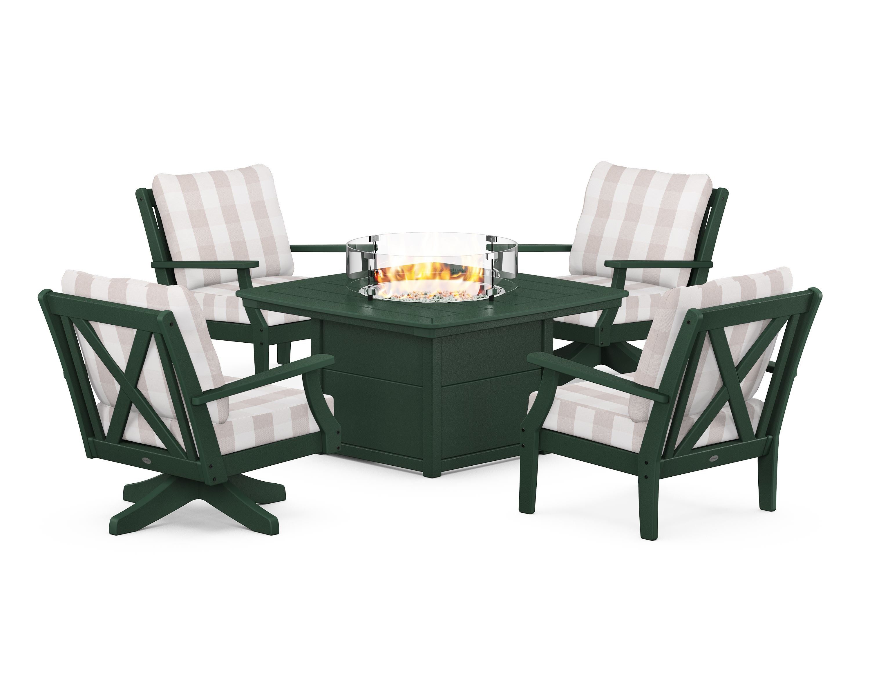 POLYWOOD® Braxton 5-Piece Deep Seating Set with Fire Table in Green / Buffalo Plaid Dune Burlap