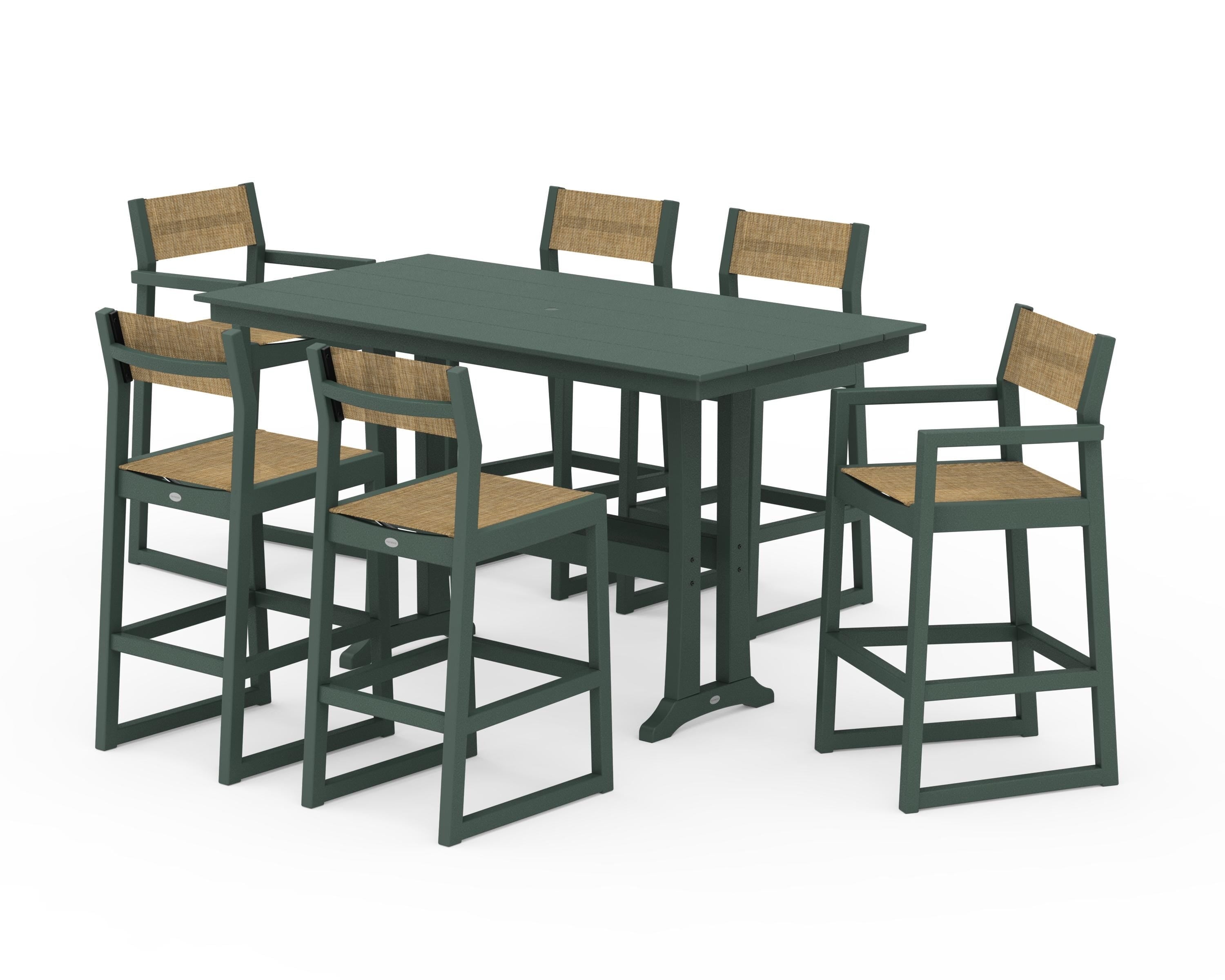 POLYWOOD® EDGE Sling 7-Piece Farmhouse Bar Set with Trestle Legs in Green / Burlap Sling