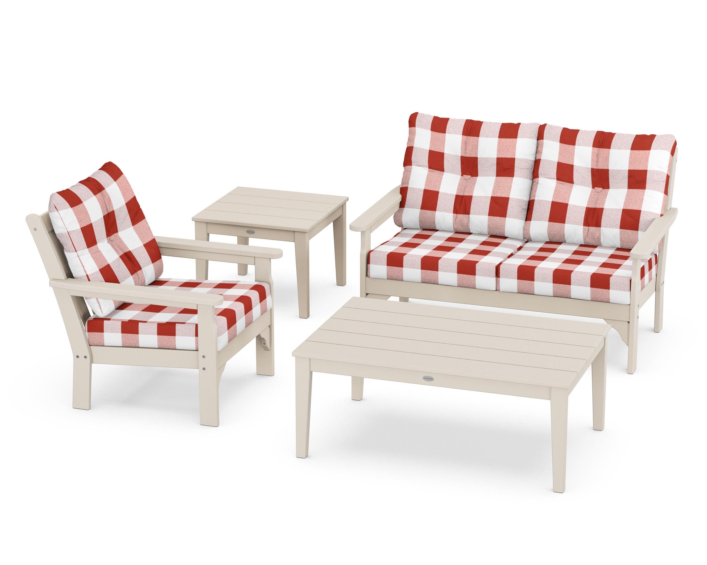 POLYWOOD® Vineyard 4-Piece Deep Seating Set in Sand / Buffalo Plaid Crimson