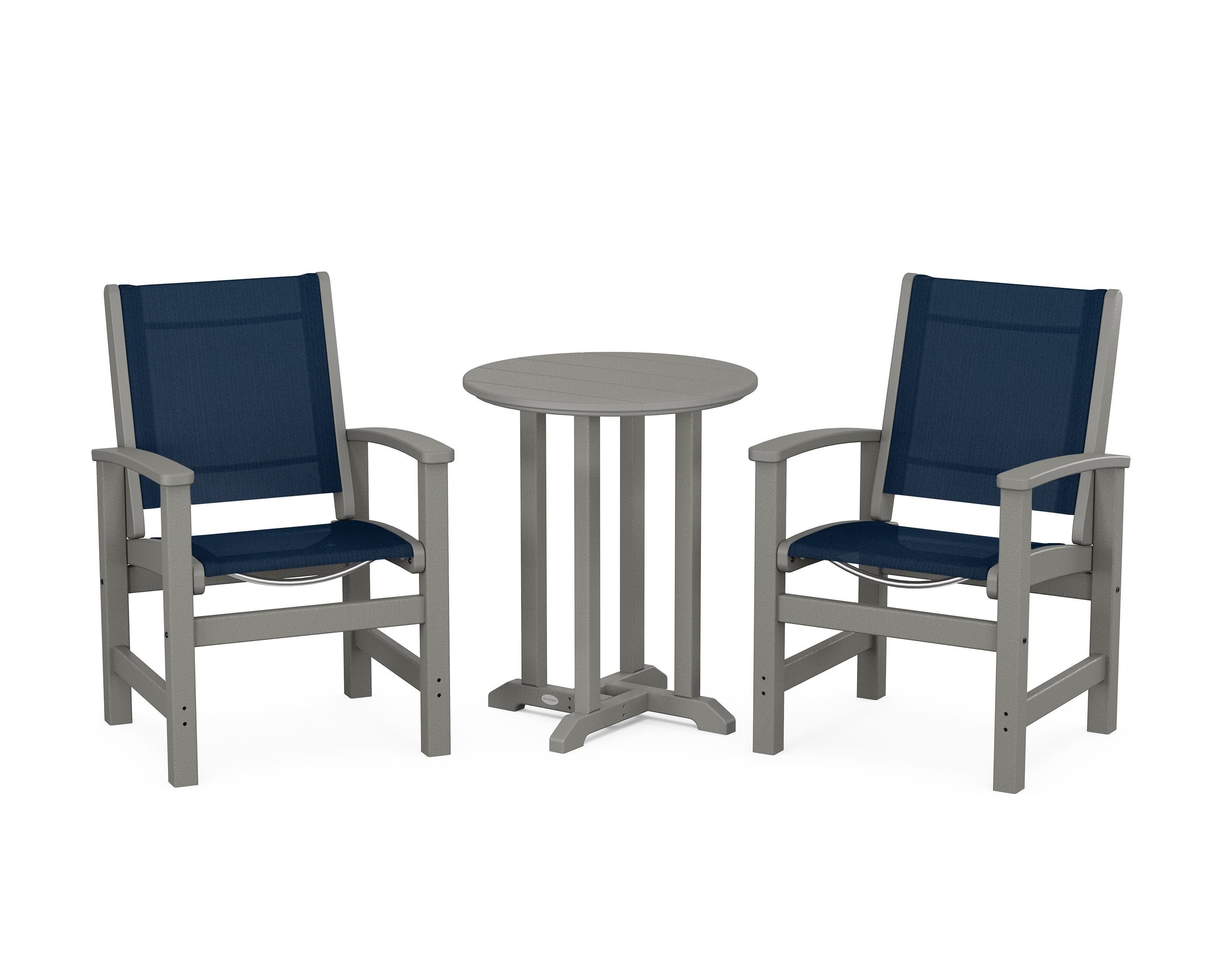 POLYWOOD® Coastal 3-Piece Round Bistro Dining Set in Slate Grey / Navy Blue Sling