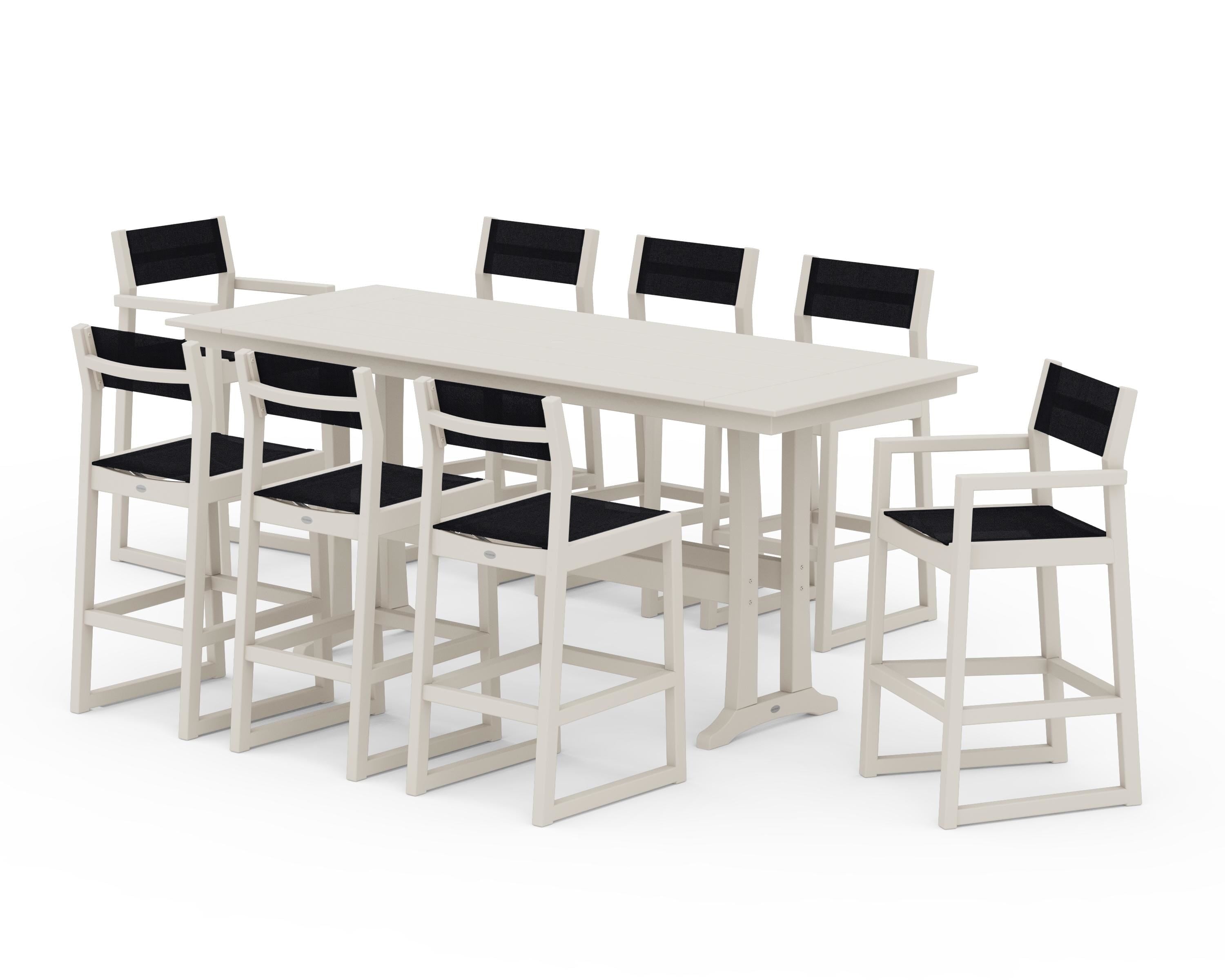 POLYWOOD® EDGE Sling 9-Piece Farmhouse Bar Set with Trestle Legs in Sand / Black Sling