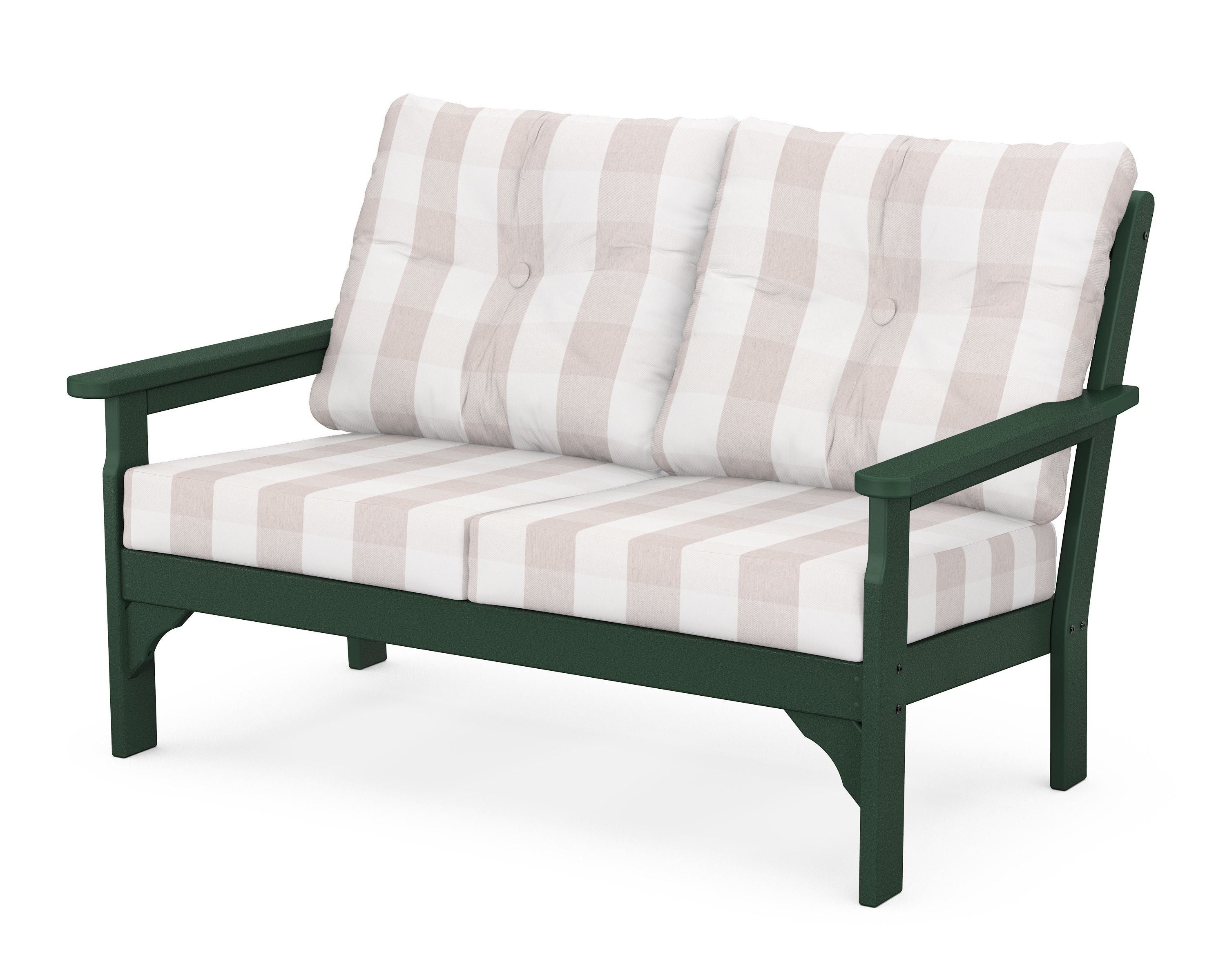 POLYWOOD® Vineyard Deep Seating Loveseat in Green / Buffalo Plaid Dune Burlap