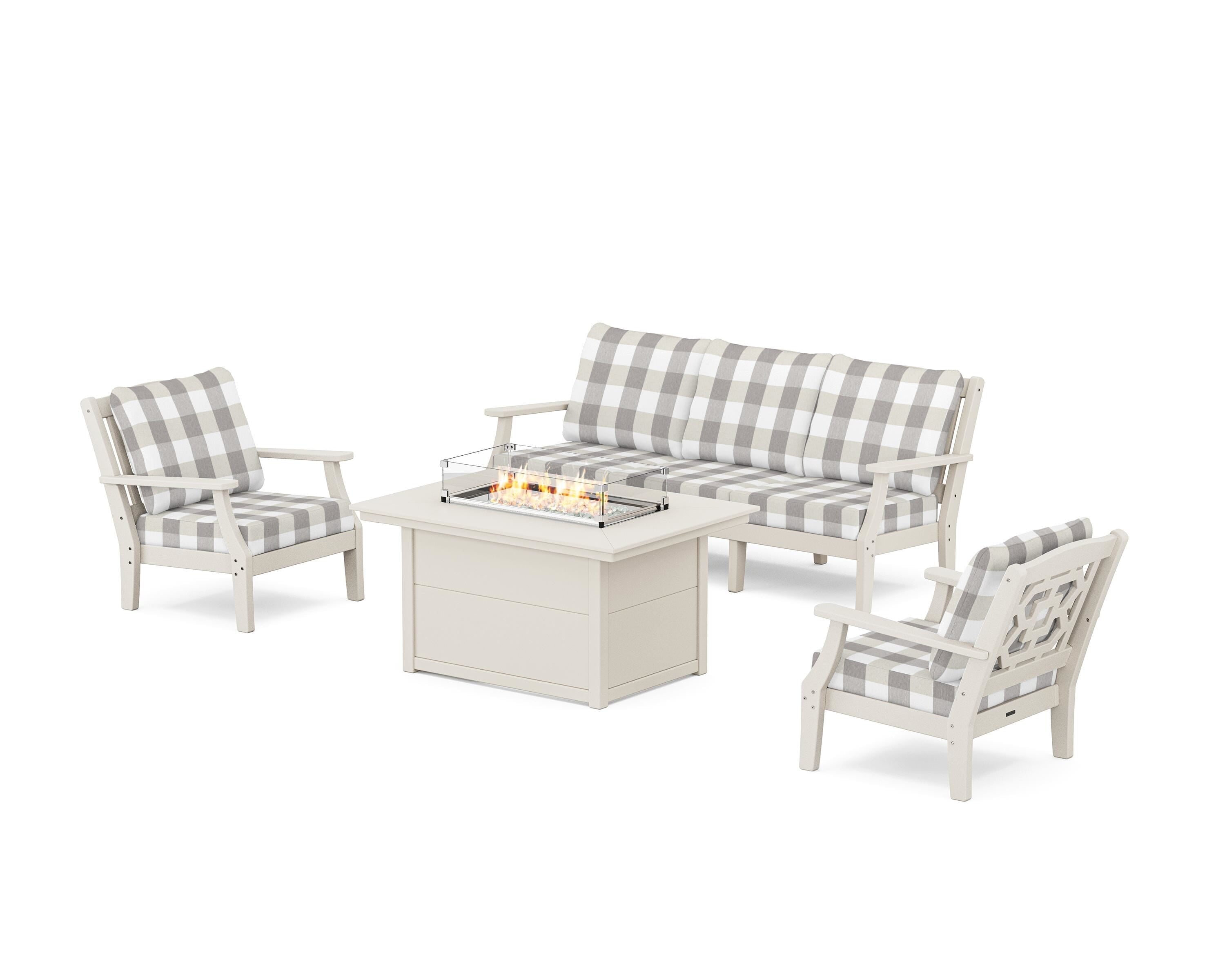 Martha Stewart by POLYWOOD® Chinoiserie Deep Seating Fire Pit Table Set in Sand / Buffalo Plaid Grey Mist