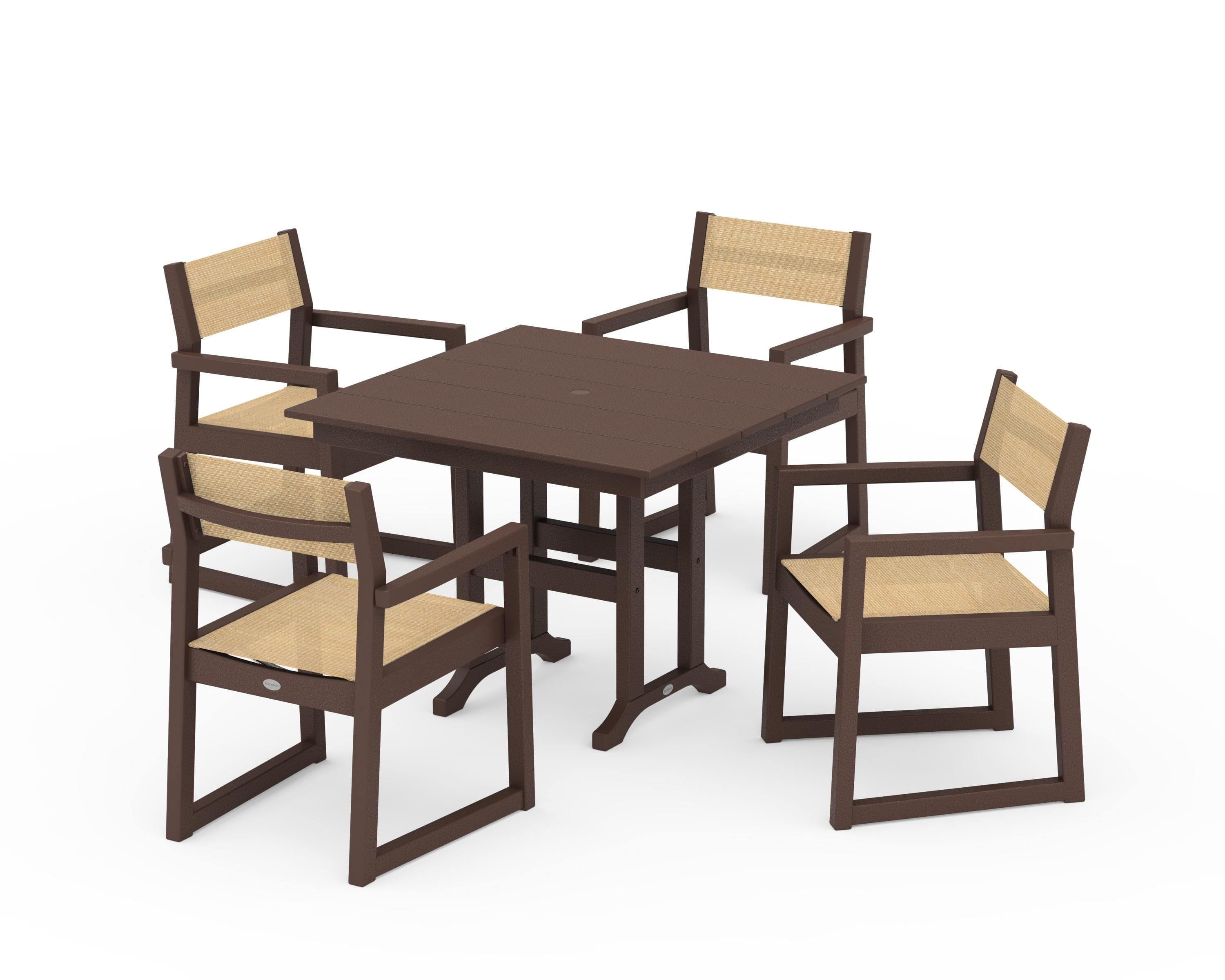 POLYWOOD® EDGE Sling Arm Chair 5-Piece Farmhouse Dining Set in Mahogany / Dupioni Apricot Sling
