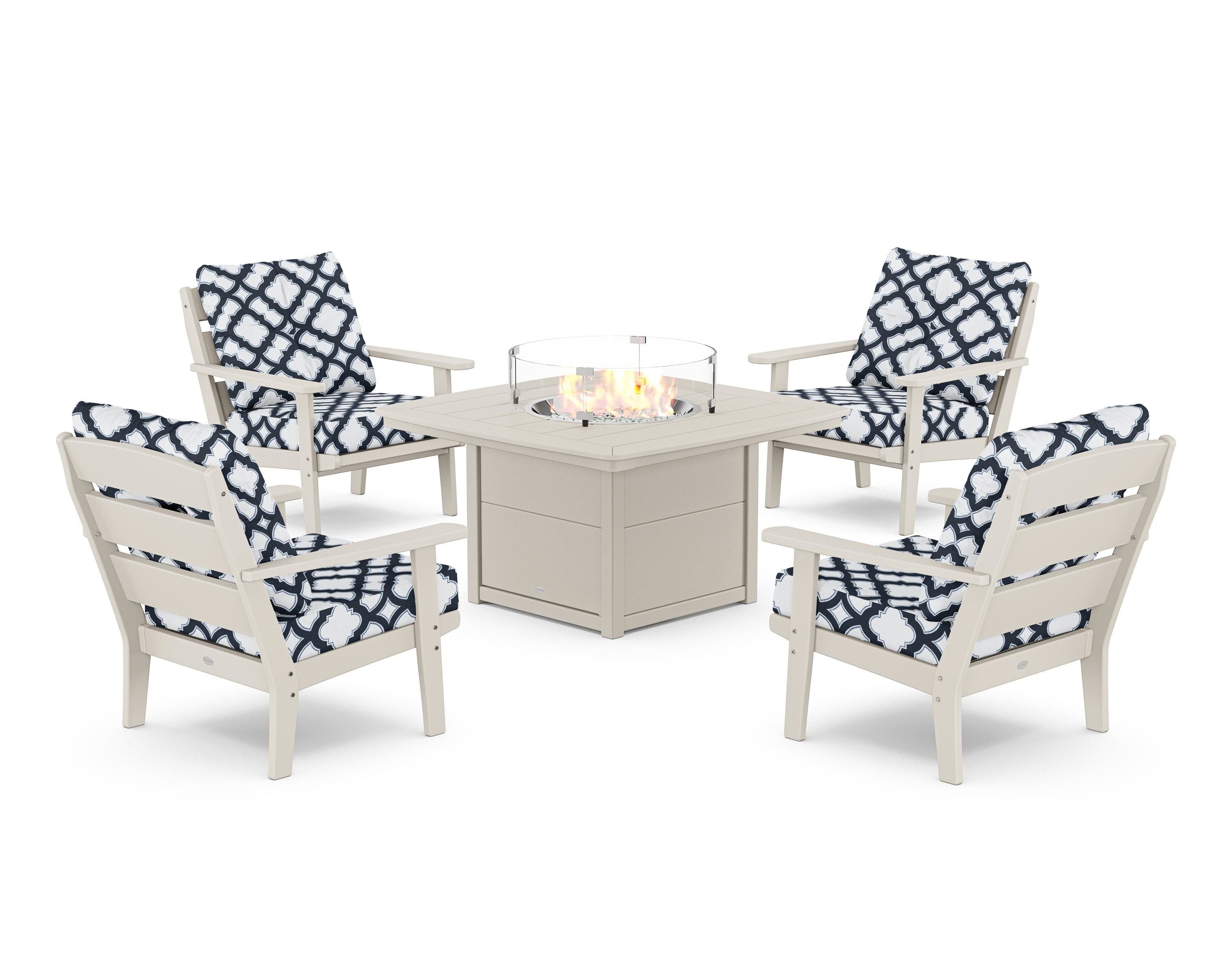 POLYWOOD® Lakeside 5-Piece Deep Seating Set with Nautical Fire Pit Table in Sand / Trellis Marine Indigo