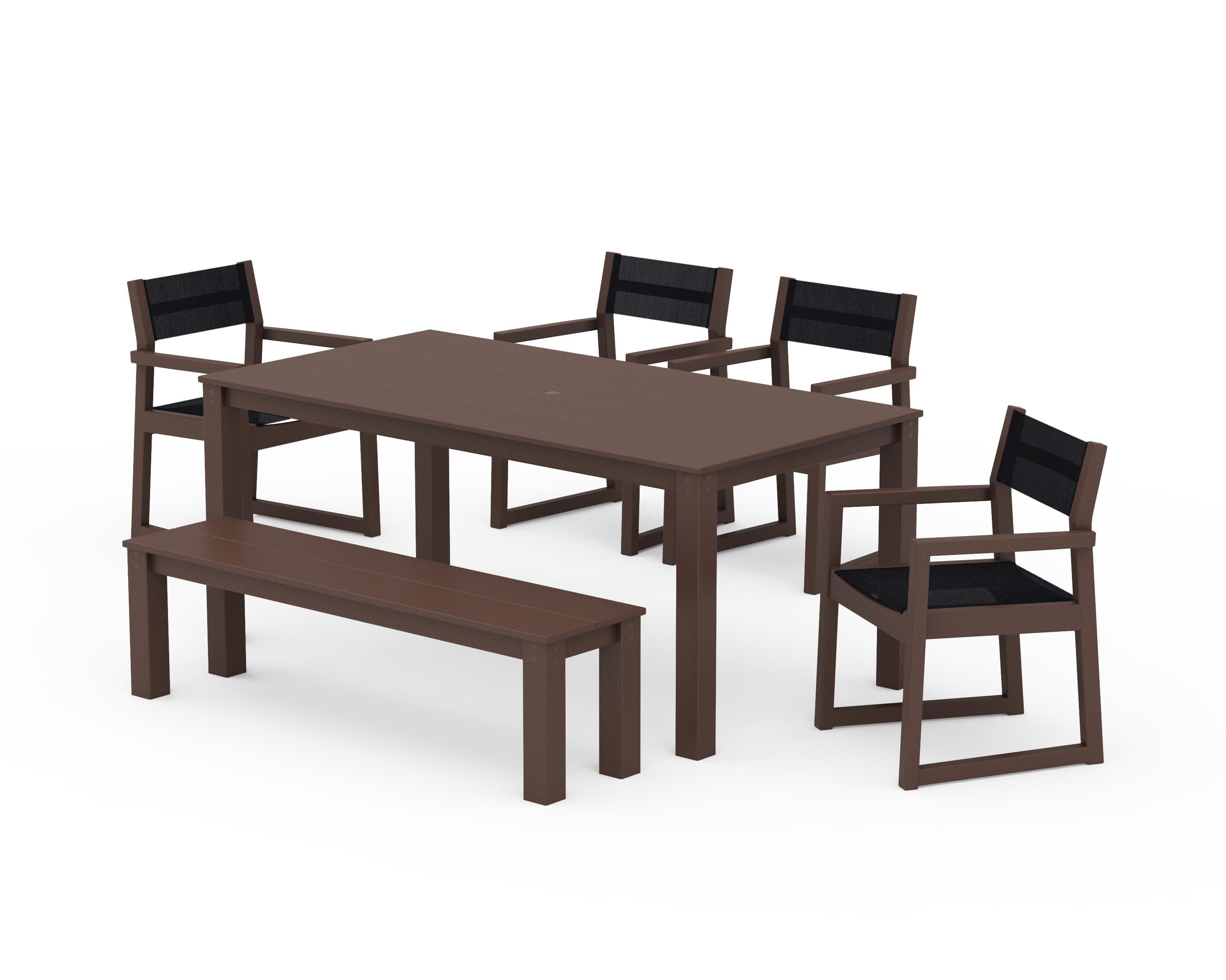 POLYWOOD® EDGE Sling Arm Chair 6-Piece Parsons Dining Set with Bench in Mahogany / Black Sling