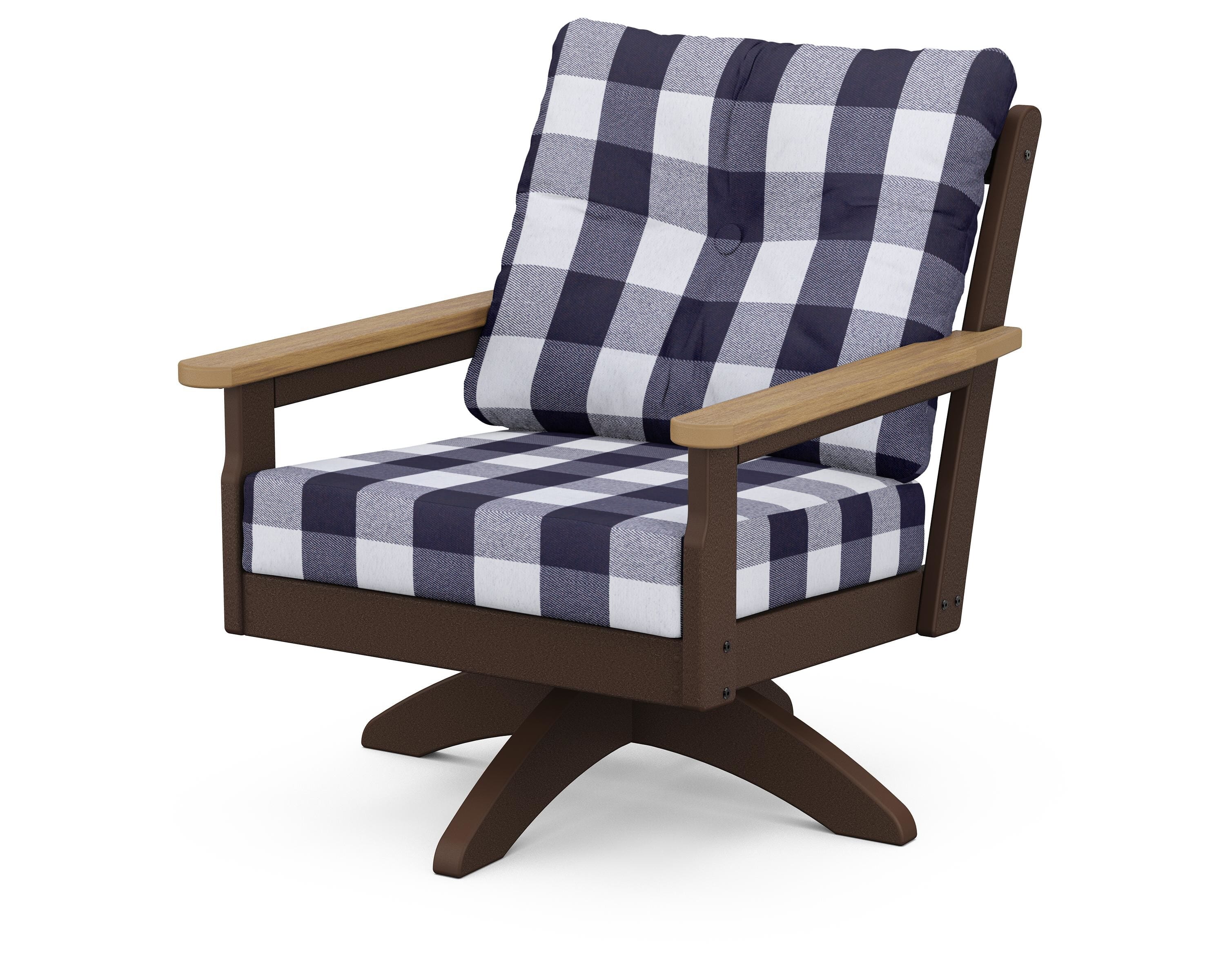 POLYWOOD® Vineyard Deep Seating Swivel Chair in Mahogany / Natural / Buffalo Plaid Navy