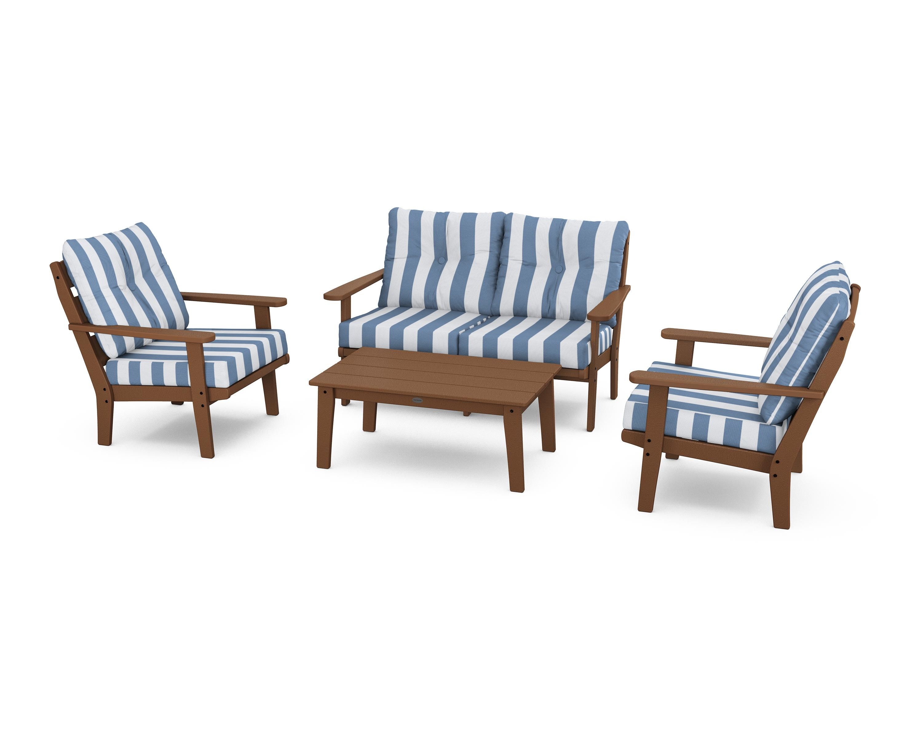 POLYWOOD® Lakeside 4-Piece Deep Seating Set in Teak / Cabana Stripe Sky Blue