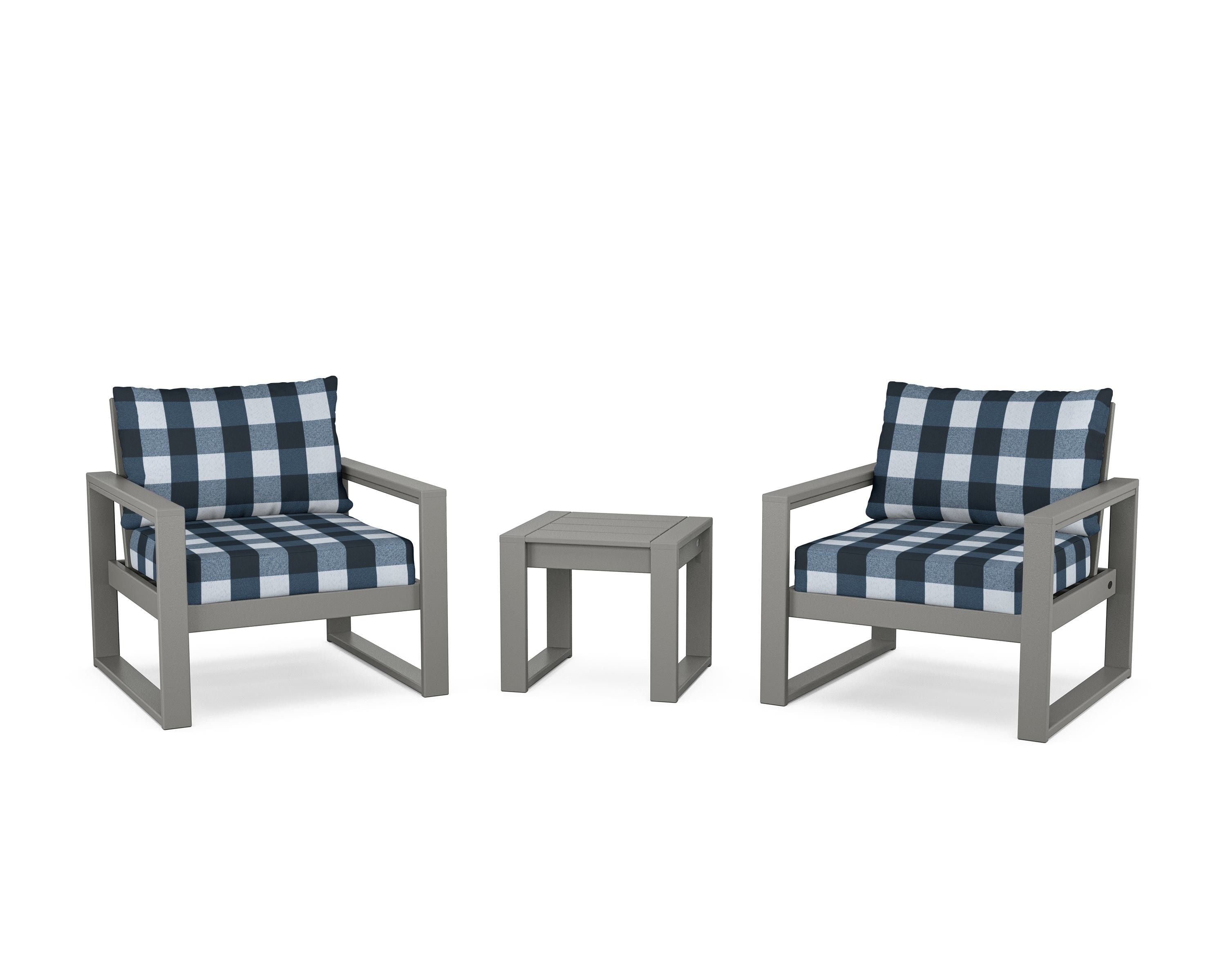 POLYWOOD® EDGE Sectional 3-Piece Deep Seating Set in Slate Grey / Buffalo Plaid Marine Indigo