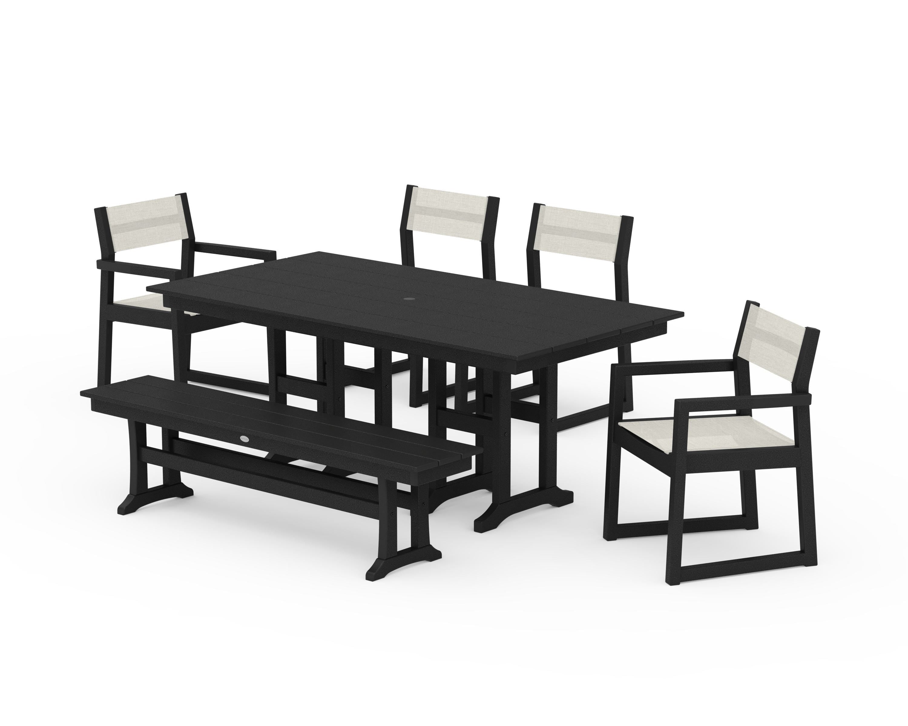 POLYWOOD® EDGE Sling 6-Piece Farmhouse Dining Set in Black / Parchment Sling