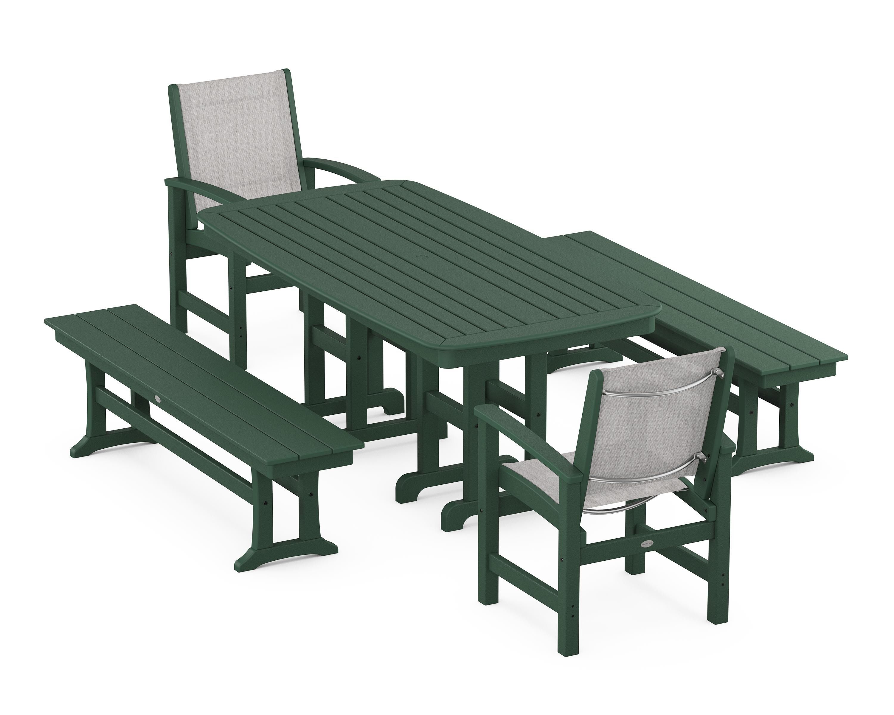 POLYWOOD® Coastal 5-Piece Dining Set in Green / Parchment Sling