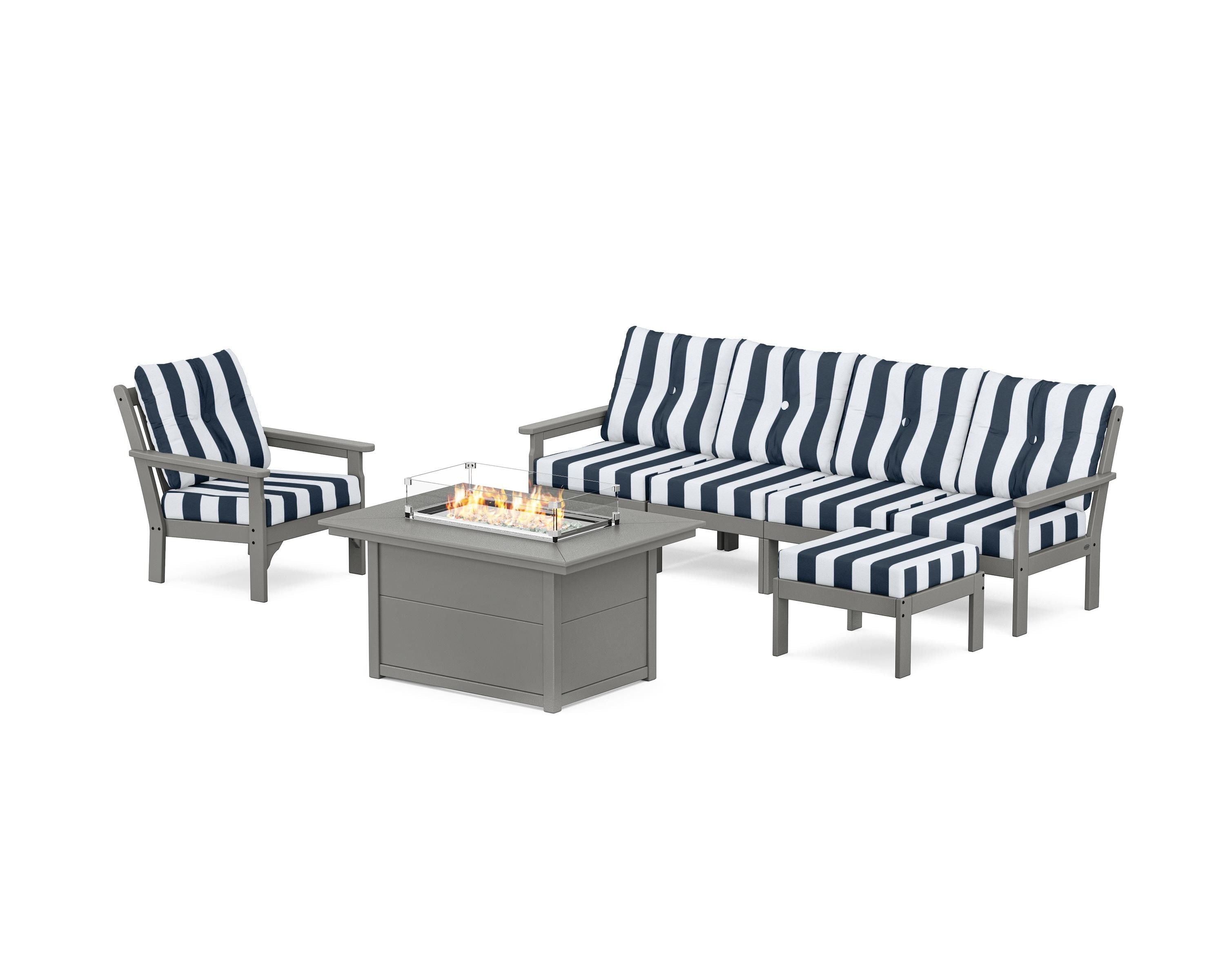 POLYWOOD® Vineyard Sectional Lounge and Fire Pit Set in Slate Grey / Cabana Stripe Marine Indigo