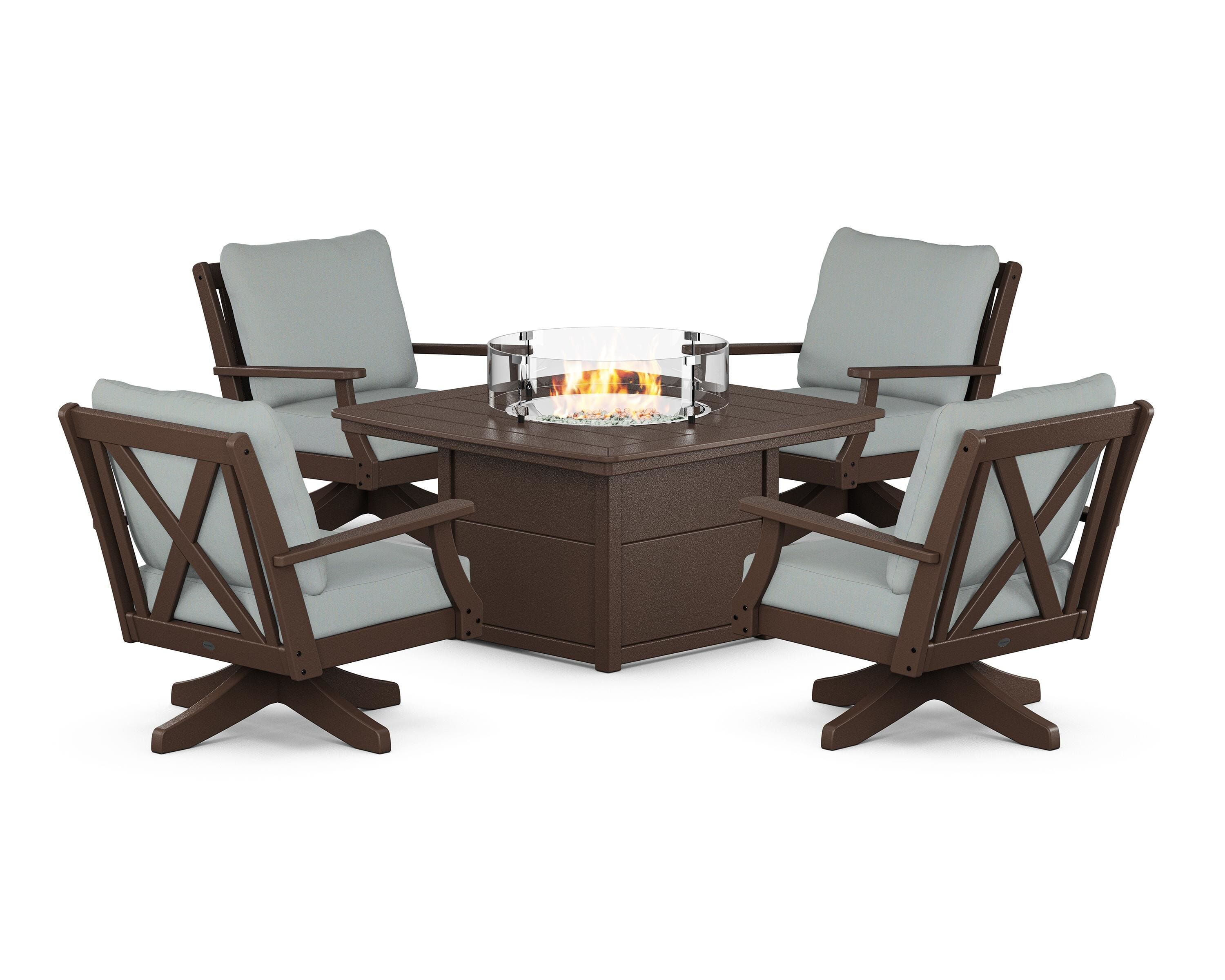 POLYWOOD® Braxton 5-Piece Deep Seating Swivel Conversation Set with Fire Pit Table in Mahogany / Spa