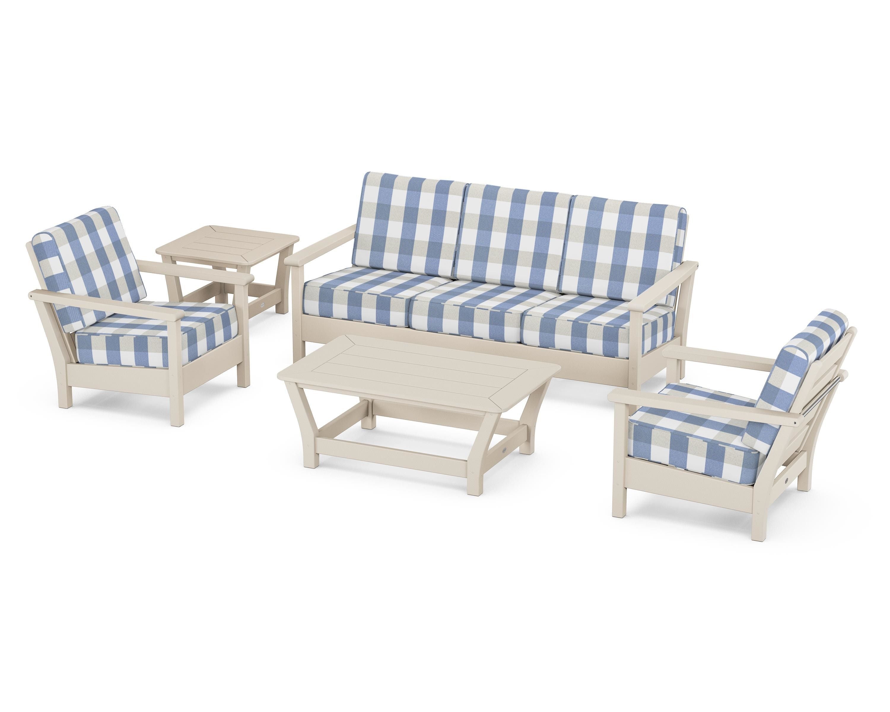 POLYWOOD® Harbour 5-Piece Deep Seating Set in Sand / Buffalo Plaid Sky Blue