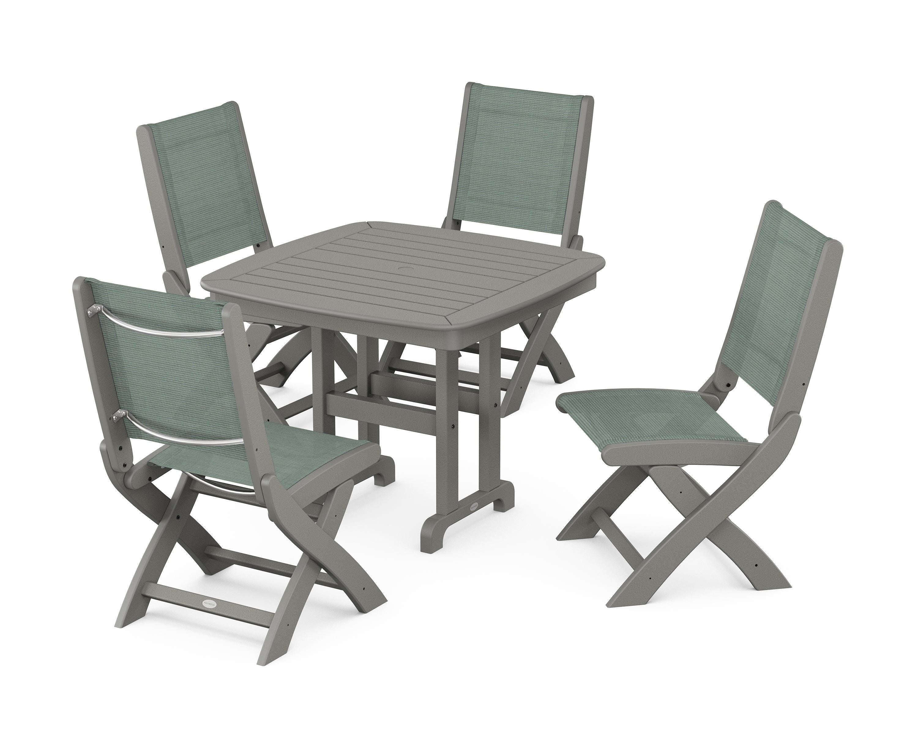 POLYWOOD® Coastal Folding Side Chair 5-Piece Dining Set in Slate Grey / Dupioni Sea Mist Sling
