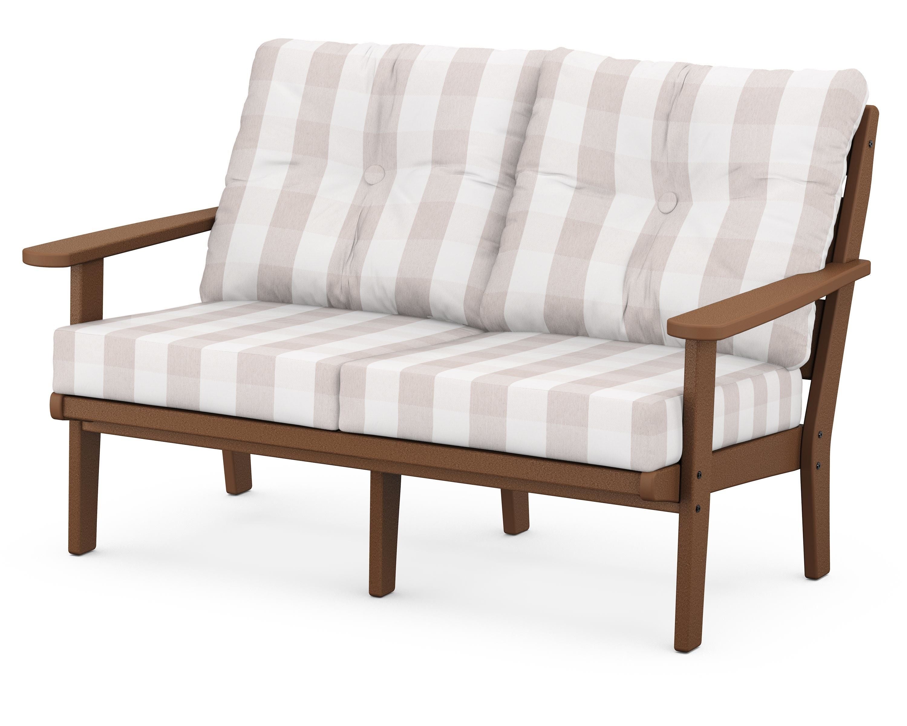 POLYWOOD® Lakeside Deep Seating Loveseat in Teak / Buffalo Plaid Dune Burlap