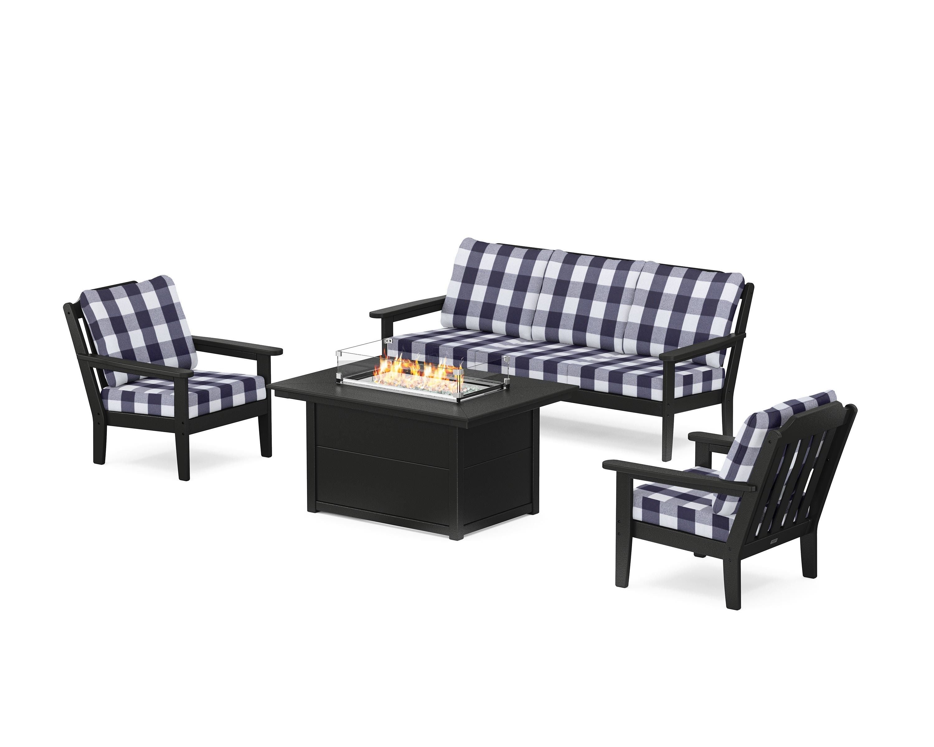 Country Living Cottage Deep Seating Fire Pit Table Set in Black / Buffalo Plaid Navy