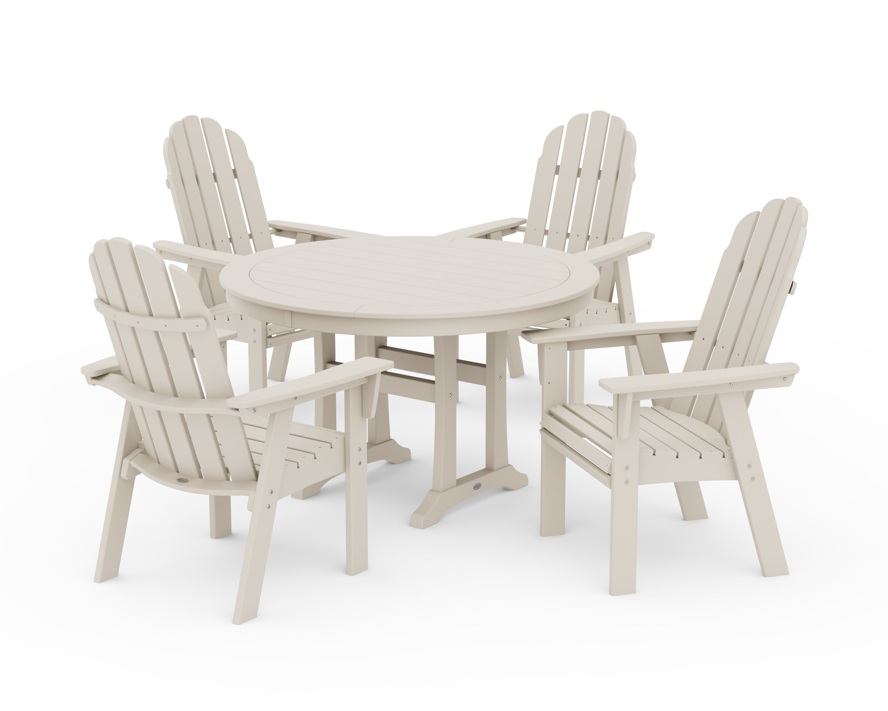 POLYWOOD® Vineyard Curveback Adirondack 5-Piece Nautical Trestle Dining Set in Sand